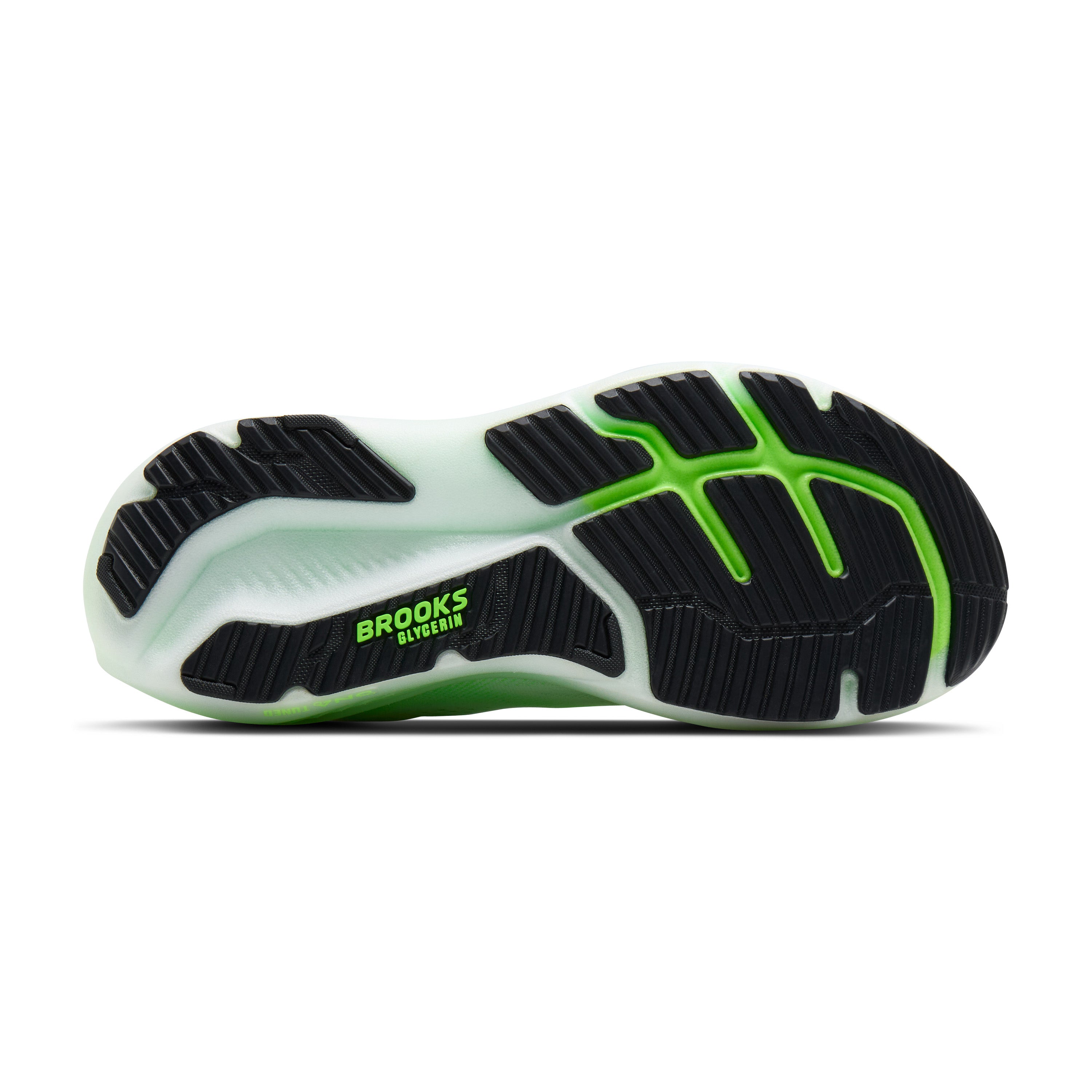 Black and green running shoe sole with 'Brooks' branding on a white background