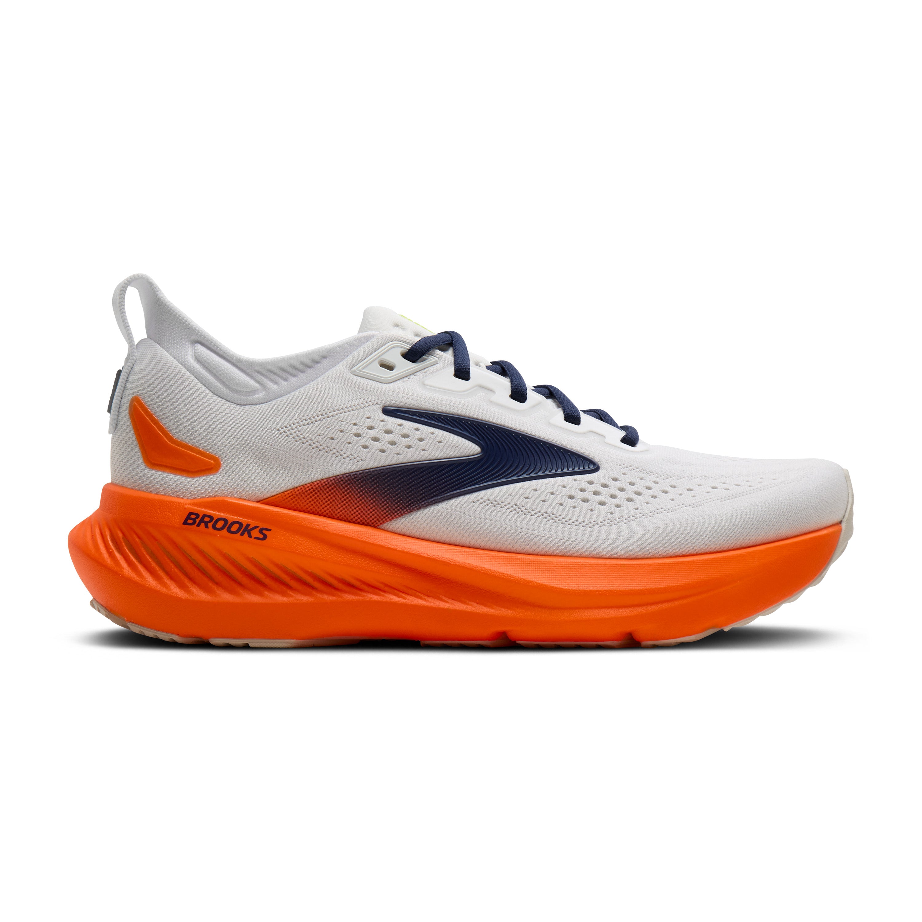 White and orange running shoe with blue accents on a white background