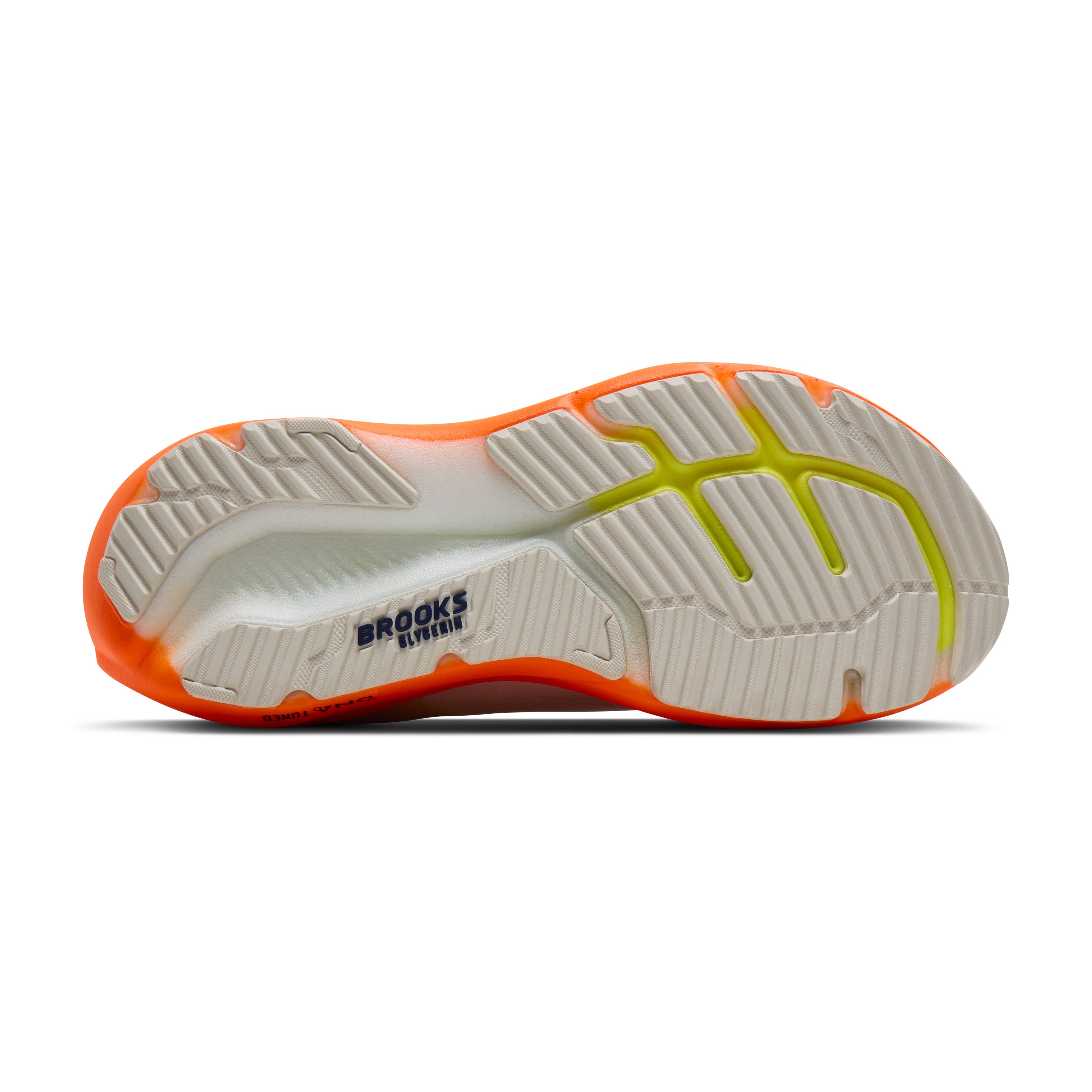 Sole of a running shoe with orange and green accents on a white background