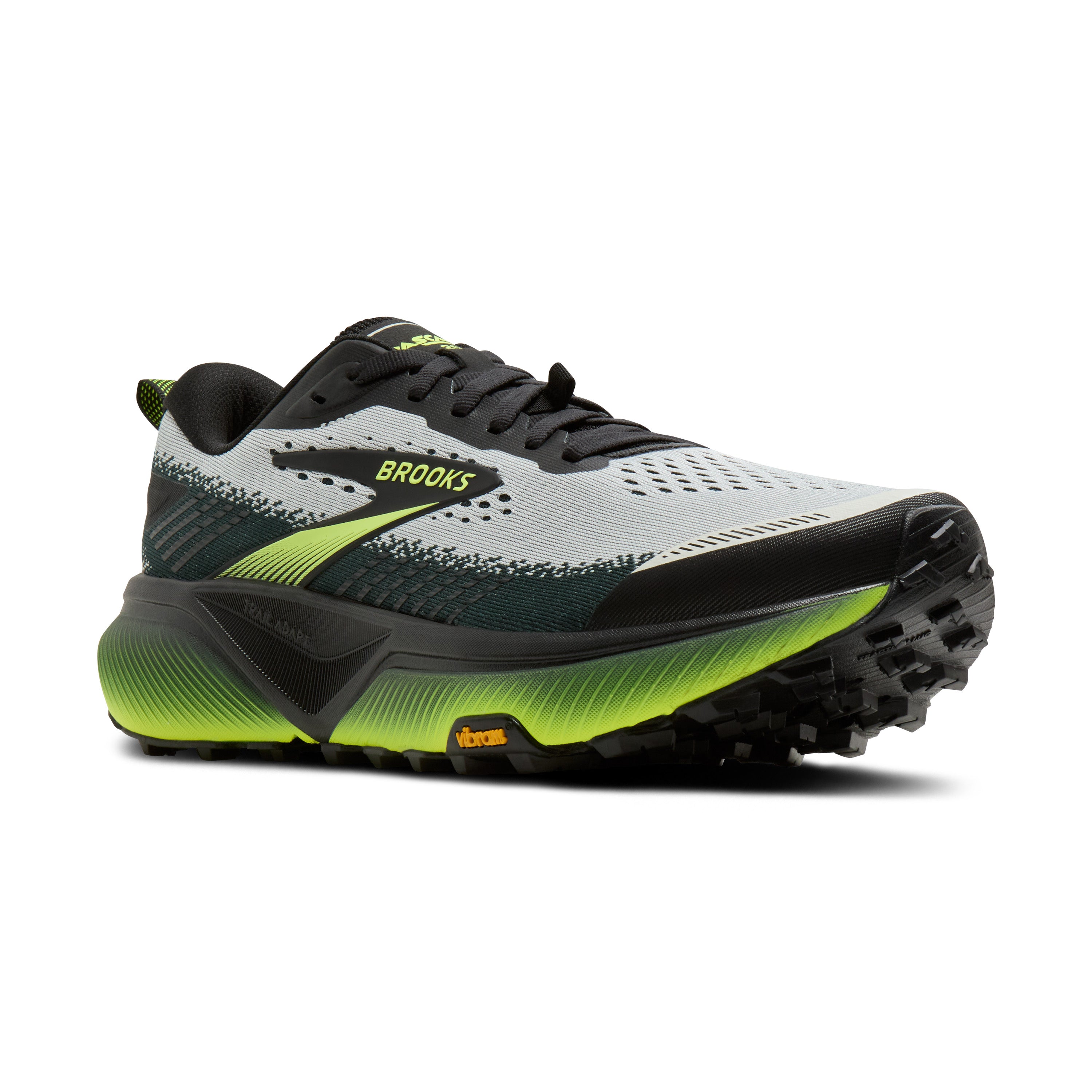 Brooks running shoe with green and black design on a white background