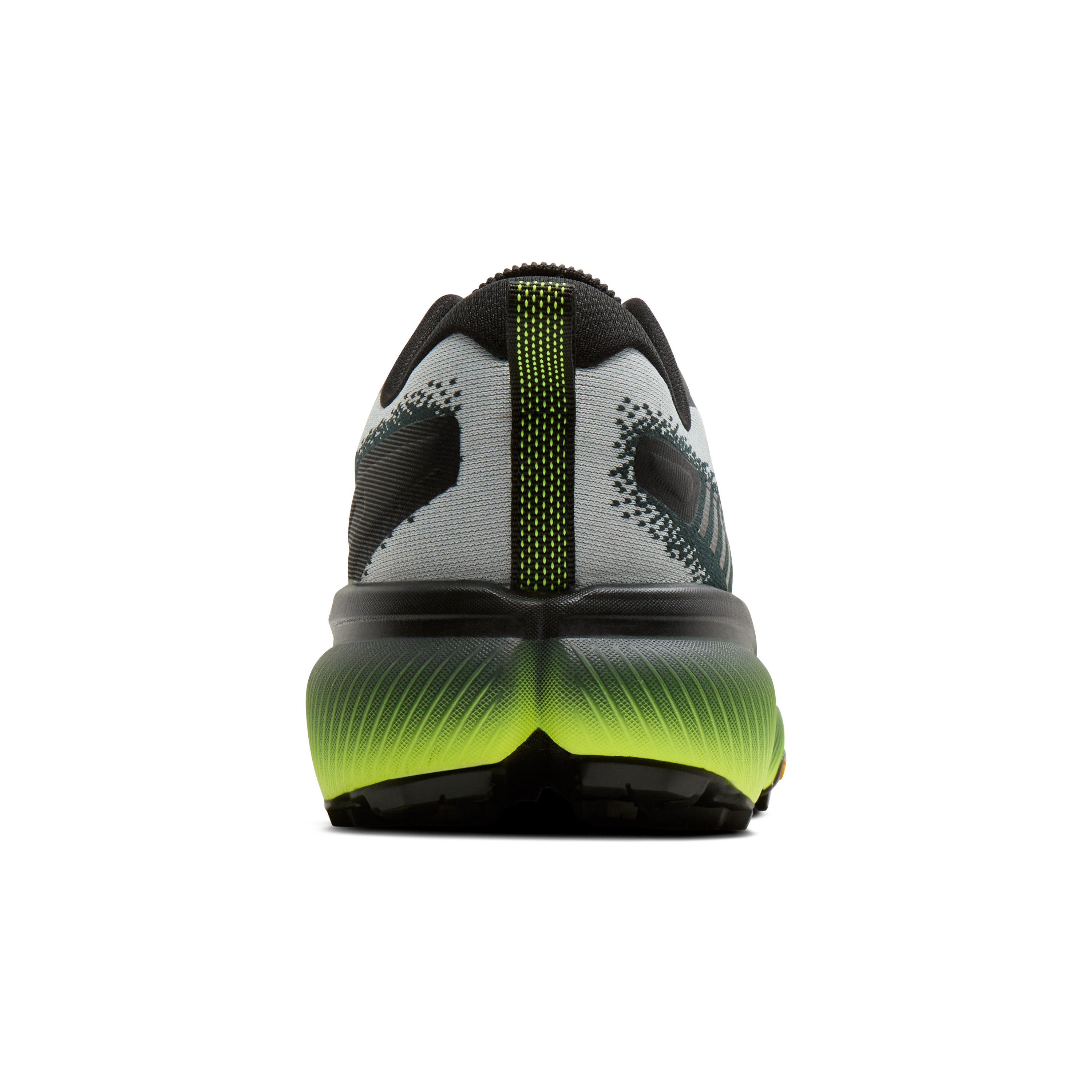 Back view of a running shoe with green sole on a white background