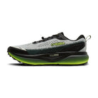 Running shoe with black, gray, and green design on a white background