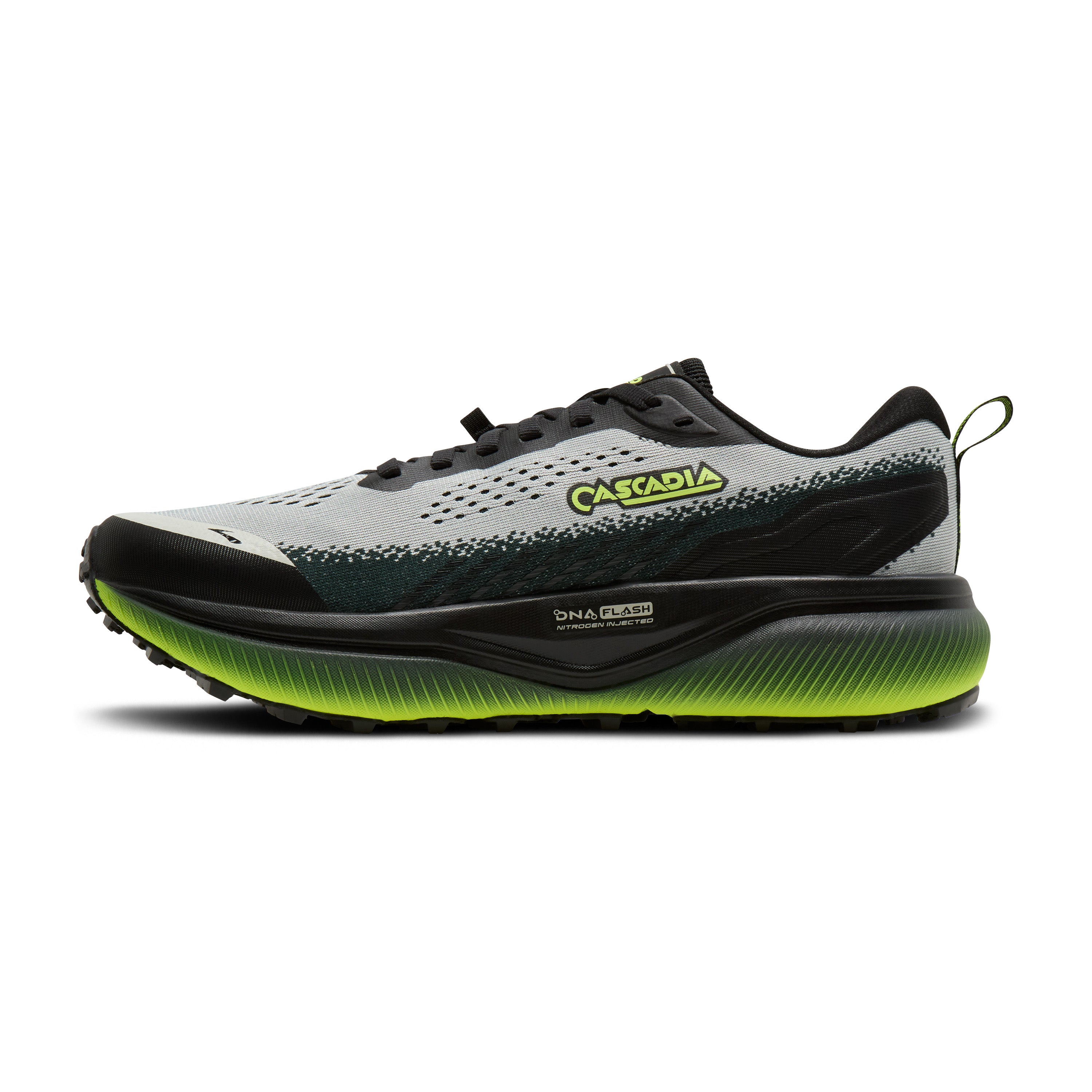Running shoe with black, gray, and green design on a white background