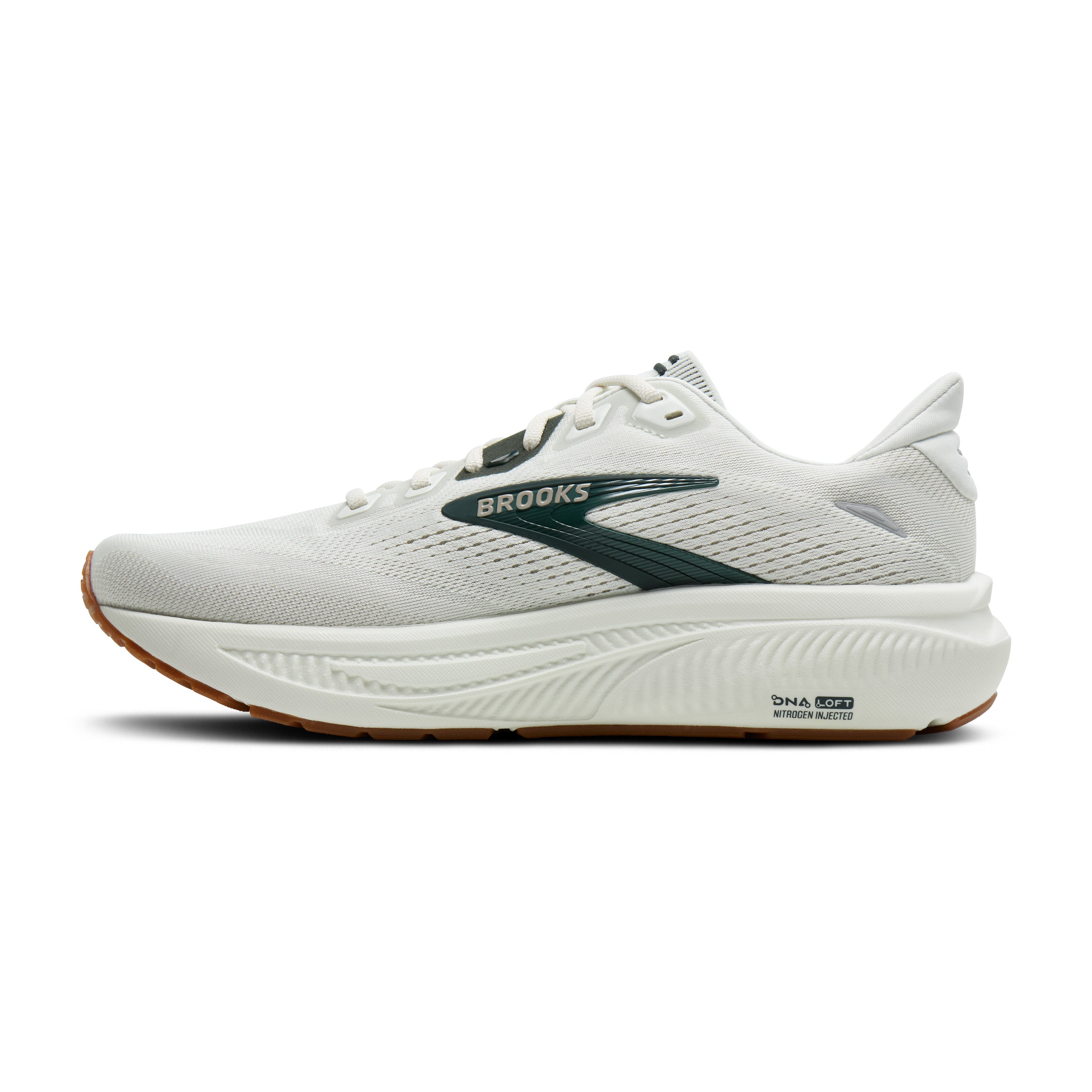 White running shoe with green accents on a white background