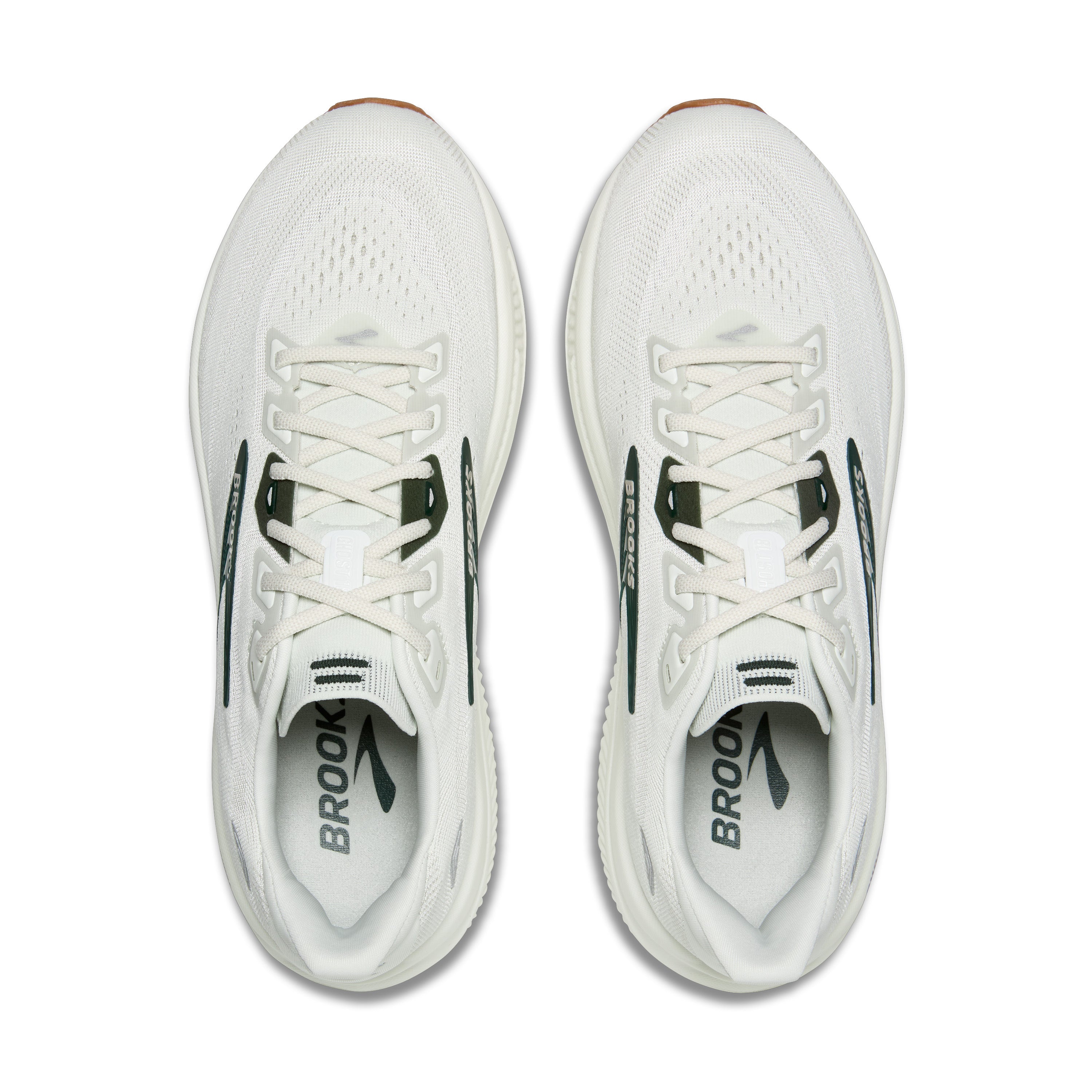 White running shoes with black branding on a white background