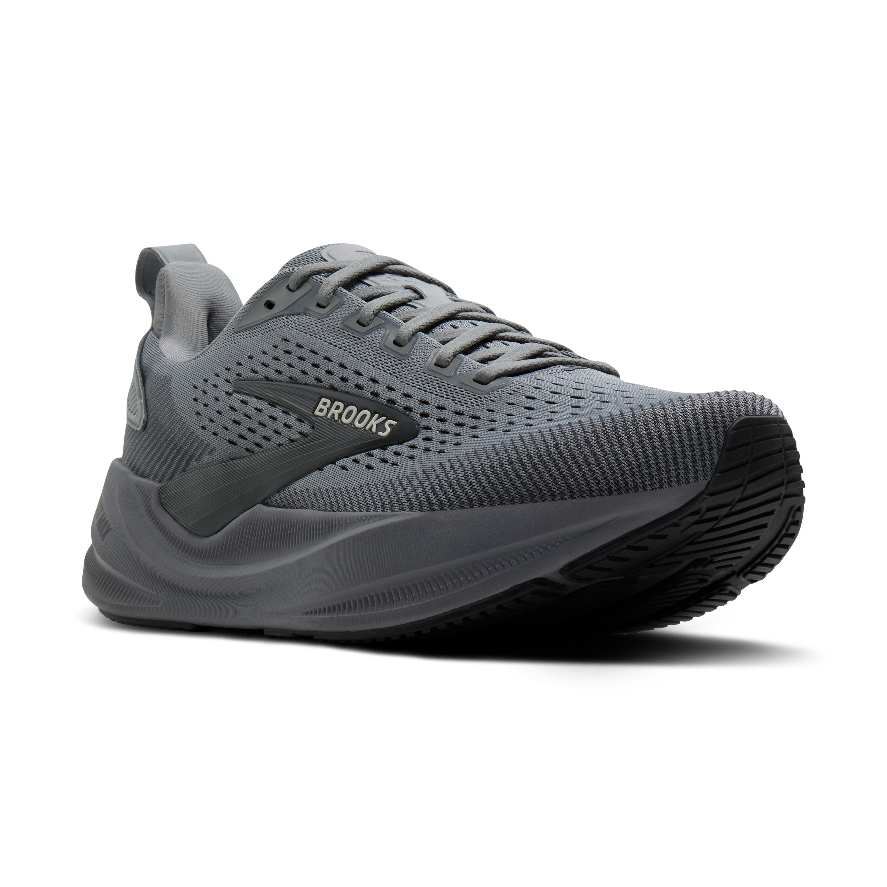 A gray Brooks running shoe with a dark gray and black sole, shown from a three-quarters angle on a white background.