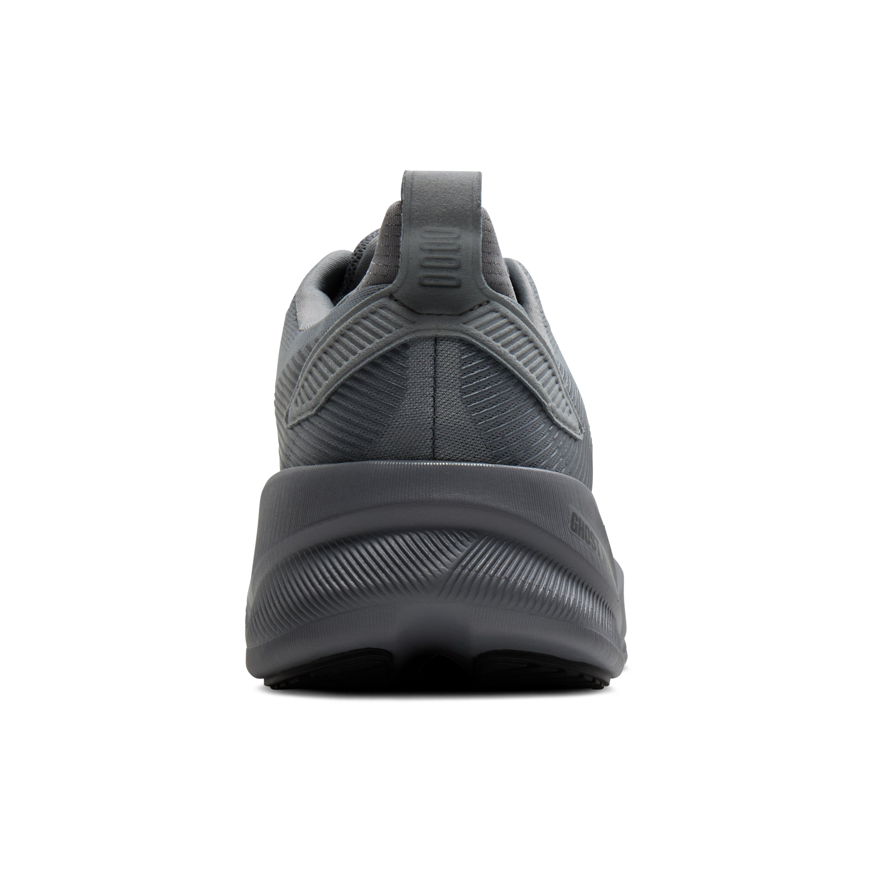 A dark gray athletic sneaker shown from a rear three-quarter view against a solid white background.