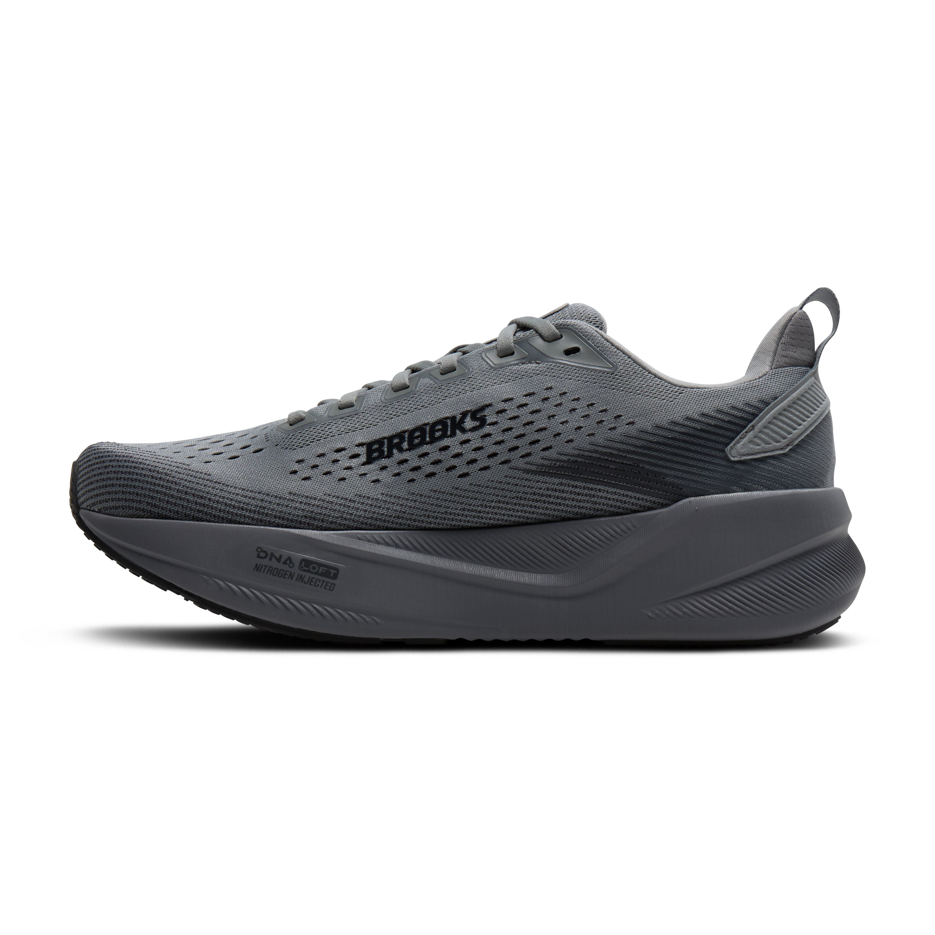 A dark gray Brooks running shoe shown from the side against a plain white background.