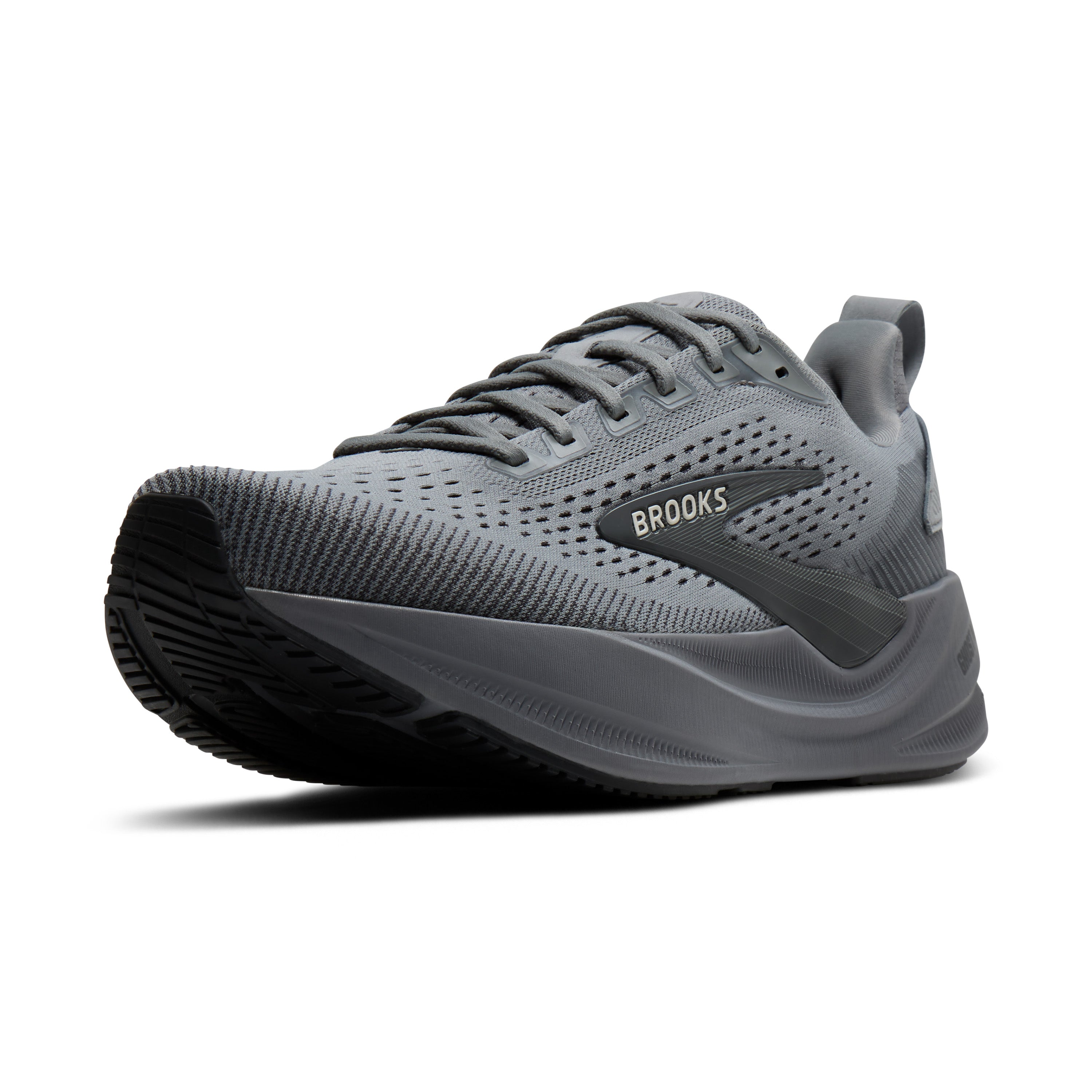 A gray Brooks running shoe with a black sole, shown from a three-quarters angle on a white background.