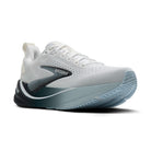 Brooks running shoe in white with a dark gray and black side logo, white laces, and a light blue-gray outsole, shown on a white background.