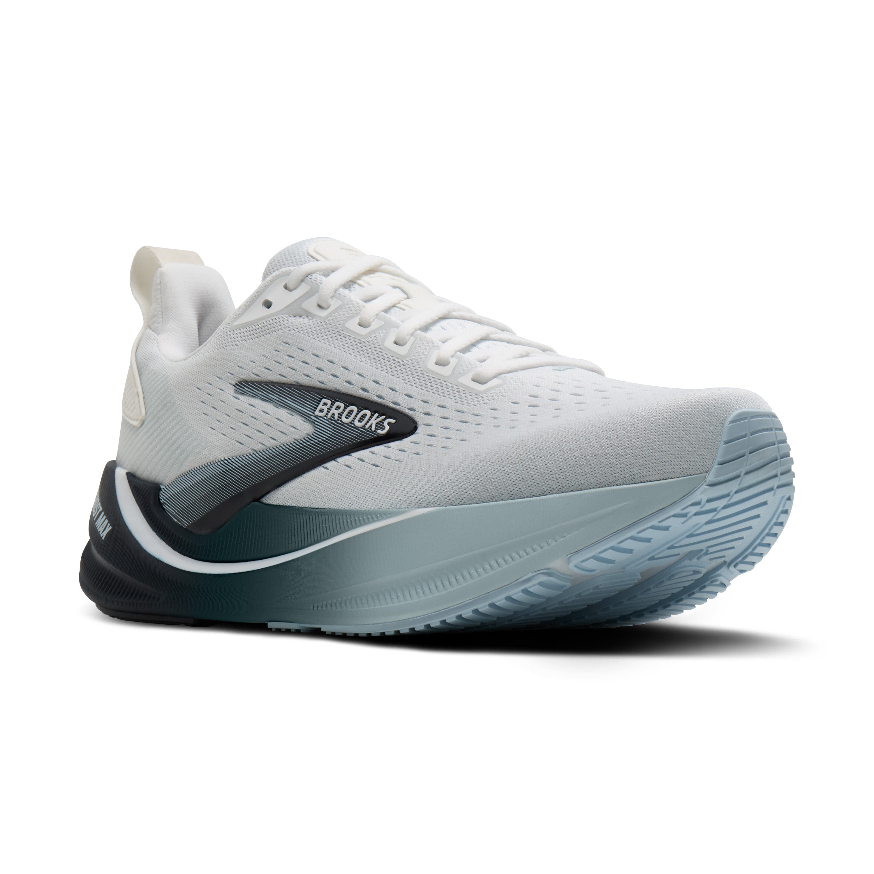 Brooks running shoe in white with a dark gray and black side logo, white laces, and a light blue-gray outsole, shown on a white background.