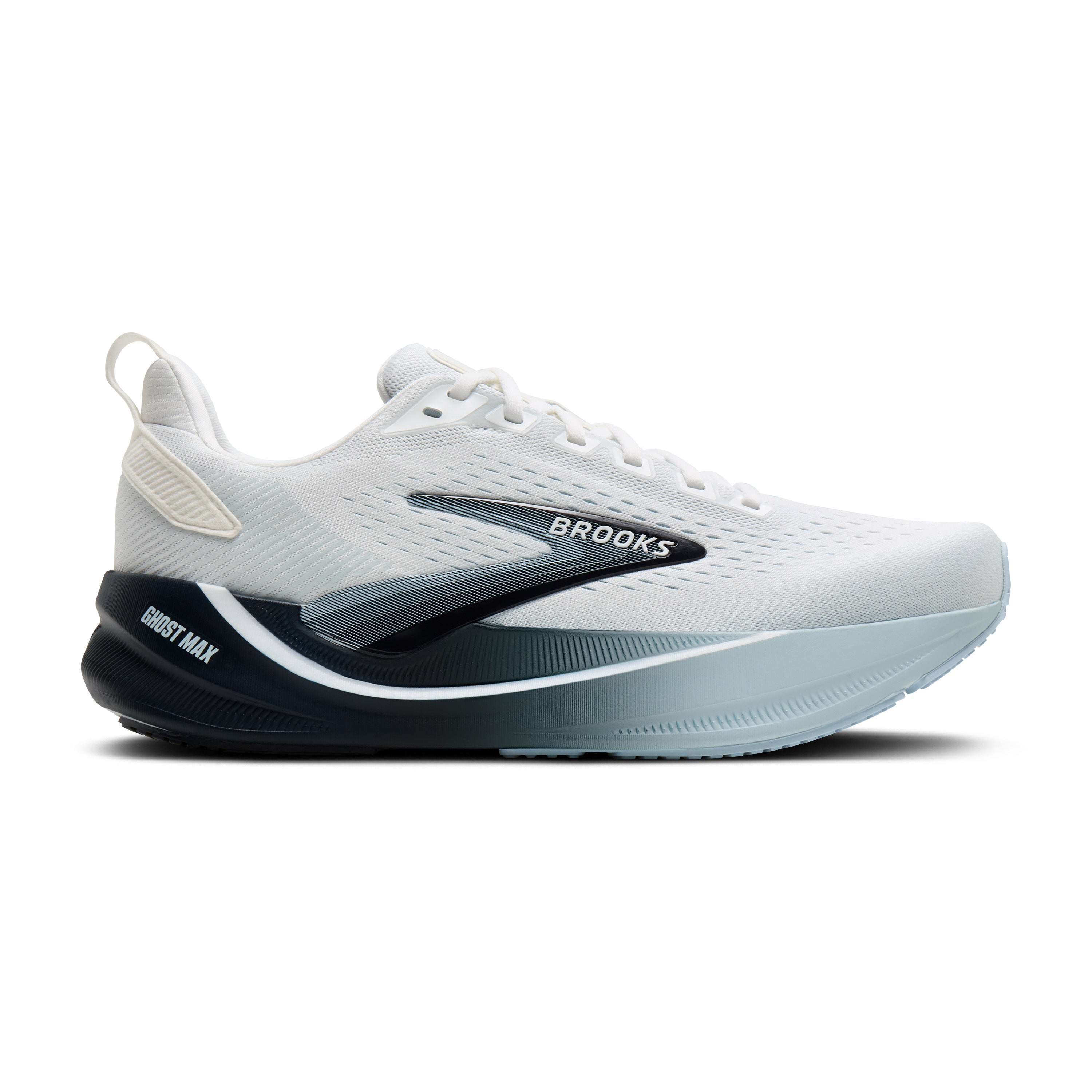 Brooks Ghost Max running shoe in white, gray, and navy blue, shown from a side profile on a light gray background.