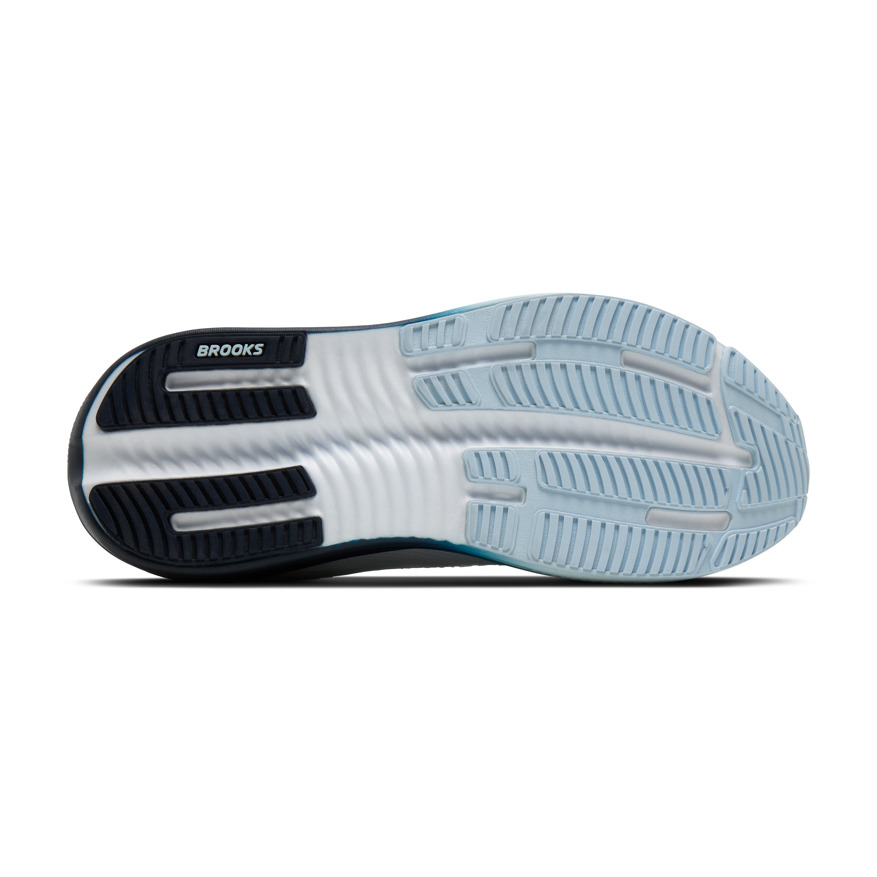 Close-up of a running shoe sole with 'Brooks' branding on a white background