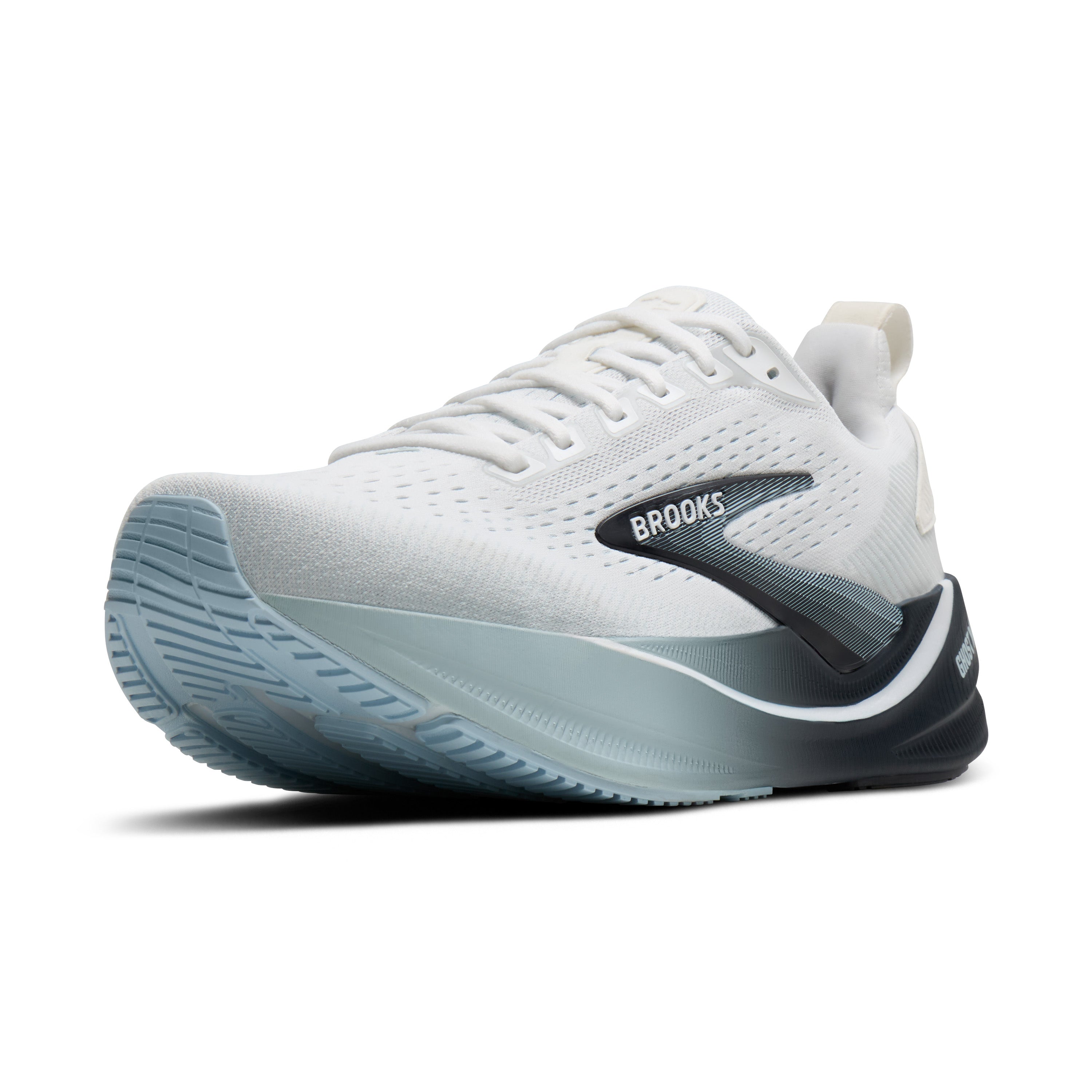 White running shoe with blue sole on a white background