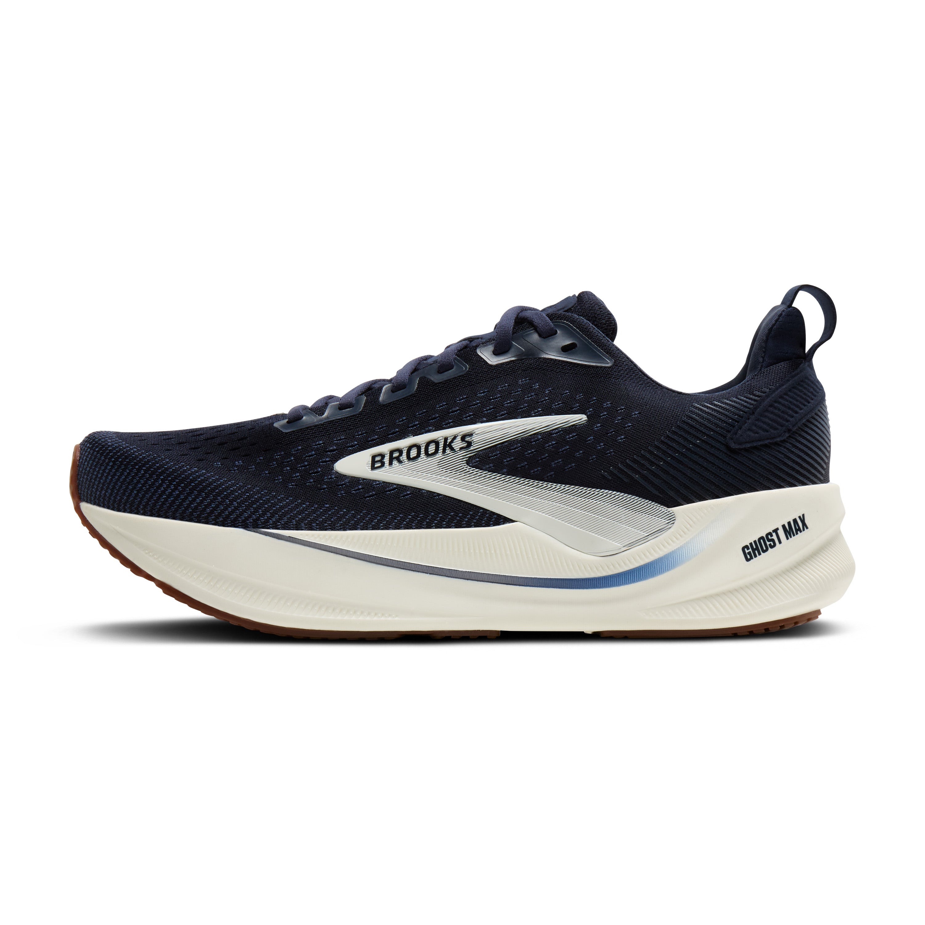 Navy running shoe with white sole on a white background