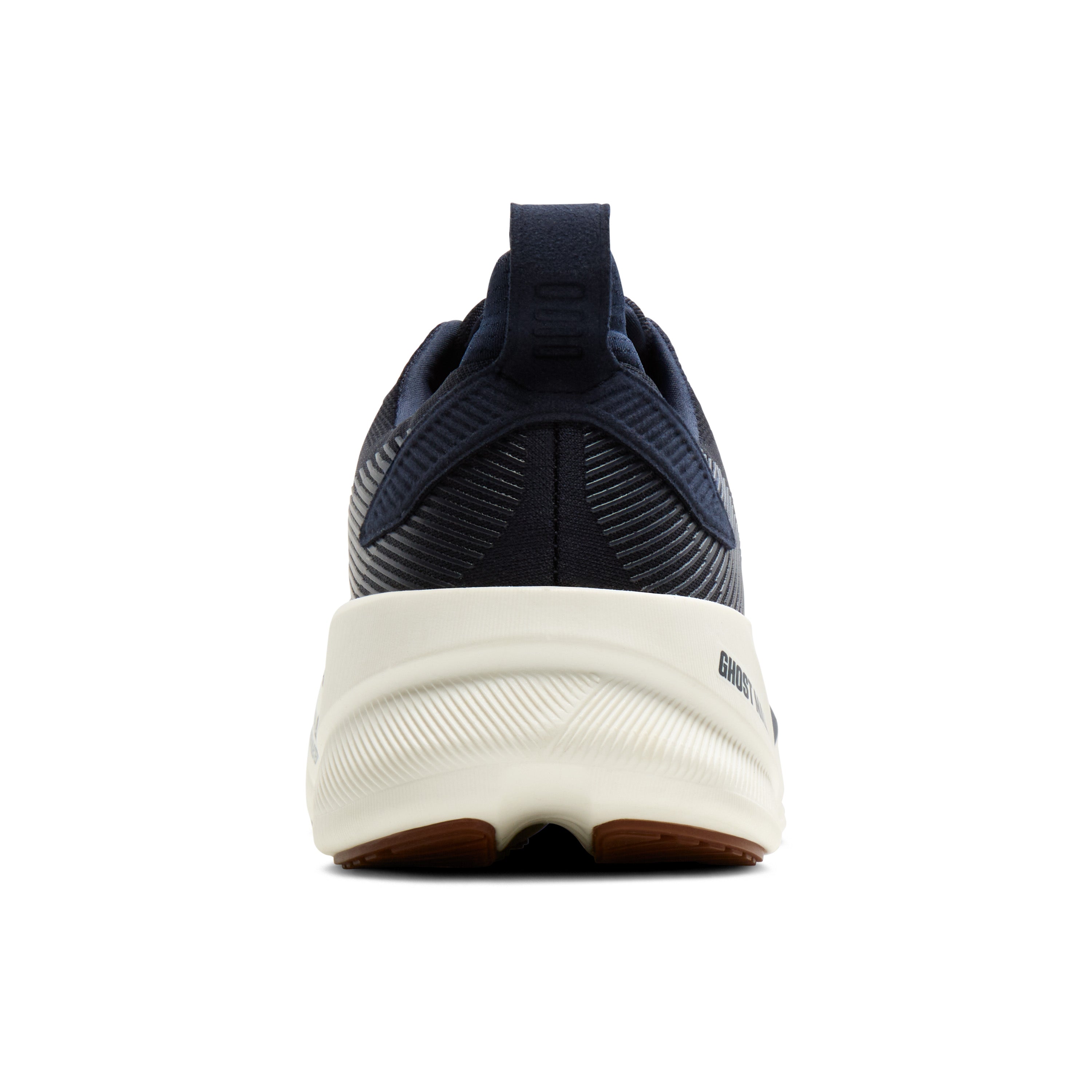 Navy running shoe with white sole on a white background