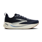 Navy running shoe with white sole on a white background