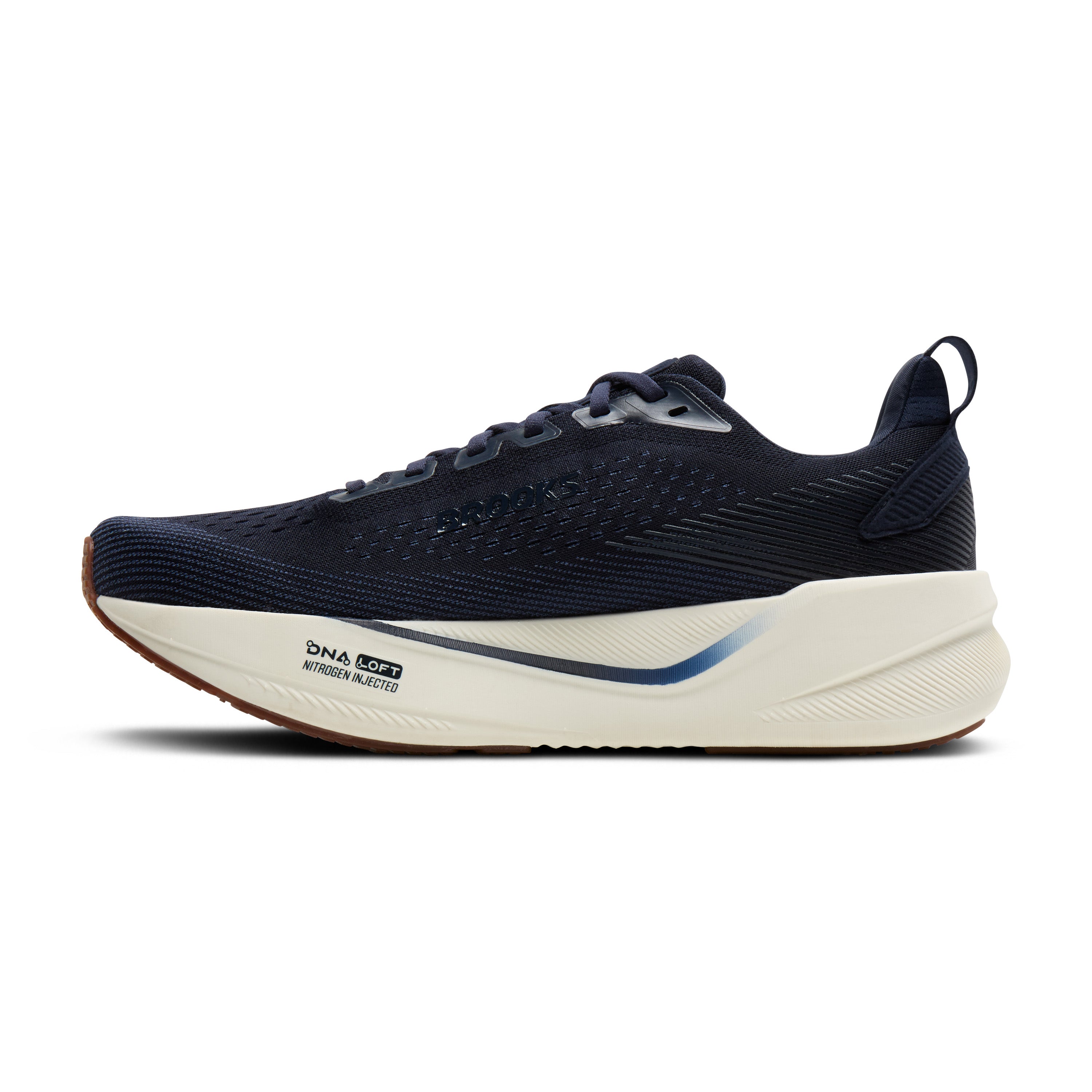 Navy running shoe with white sole on a white background