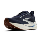 Navy running shoe with white and brown sole on a white background