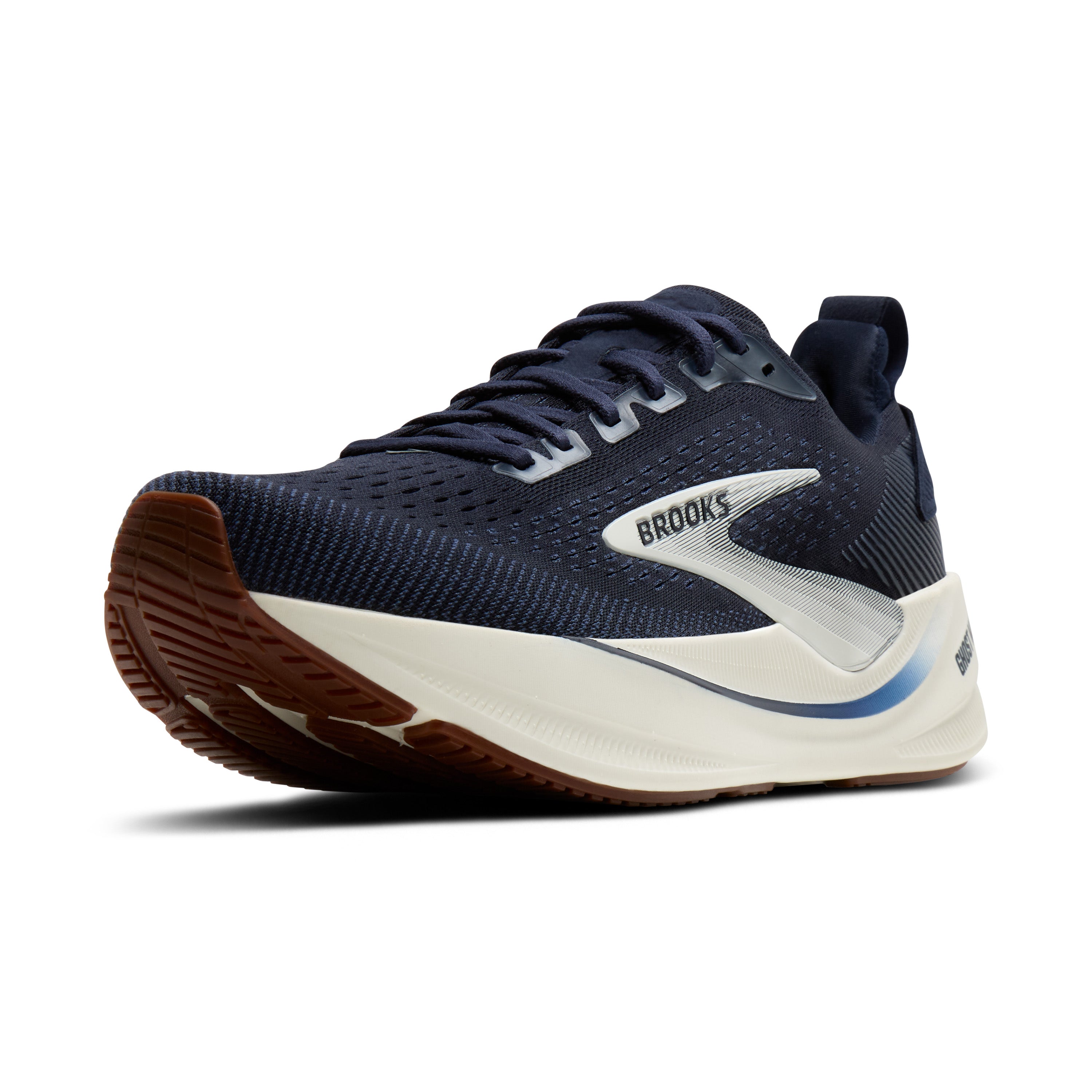 Navy running shoe with white and brown sole on a white background