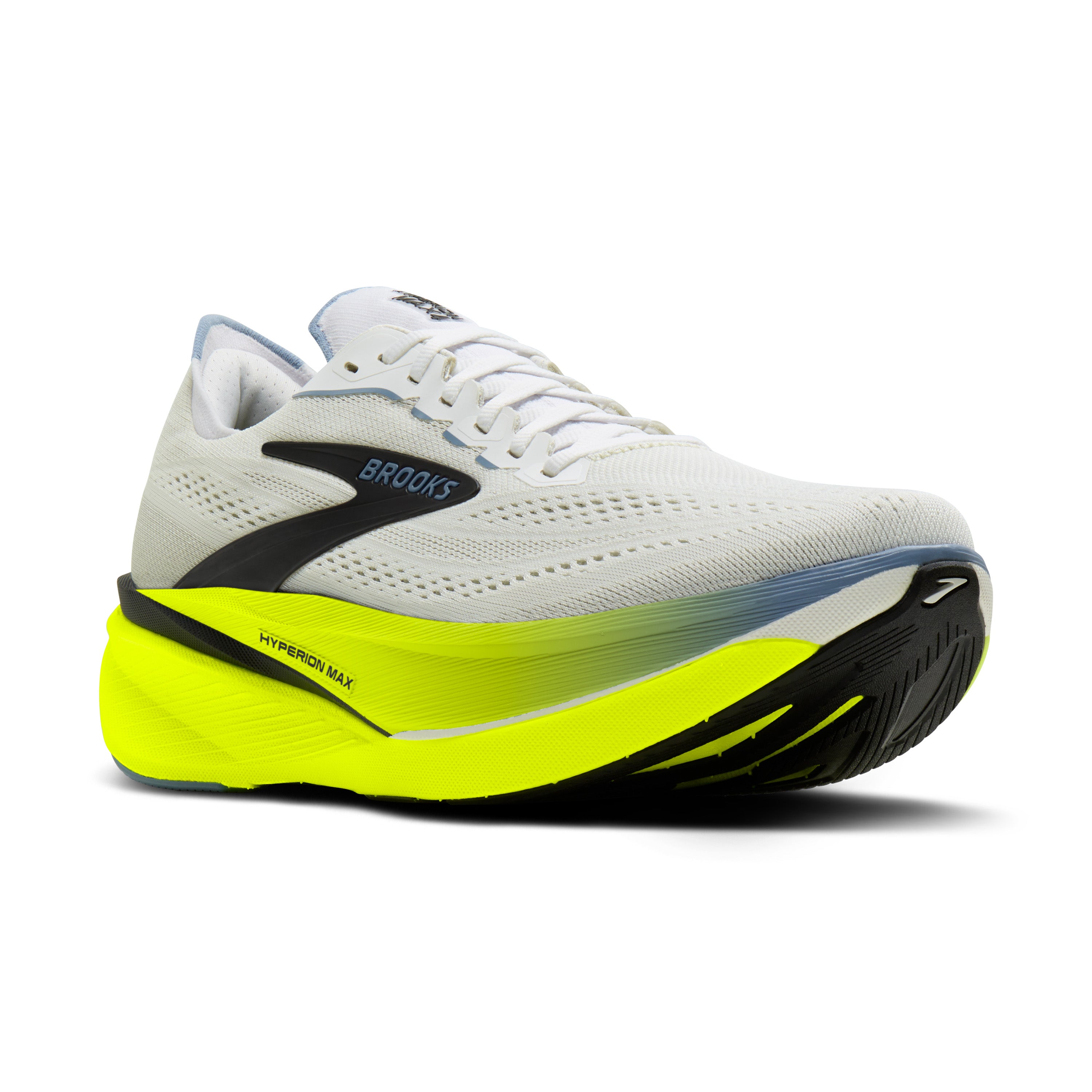 White running shoe with neon yellow sole on a white background