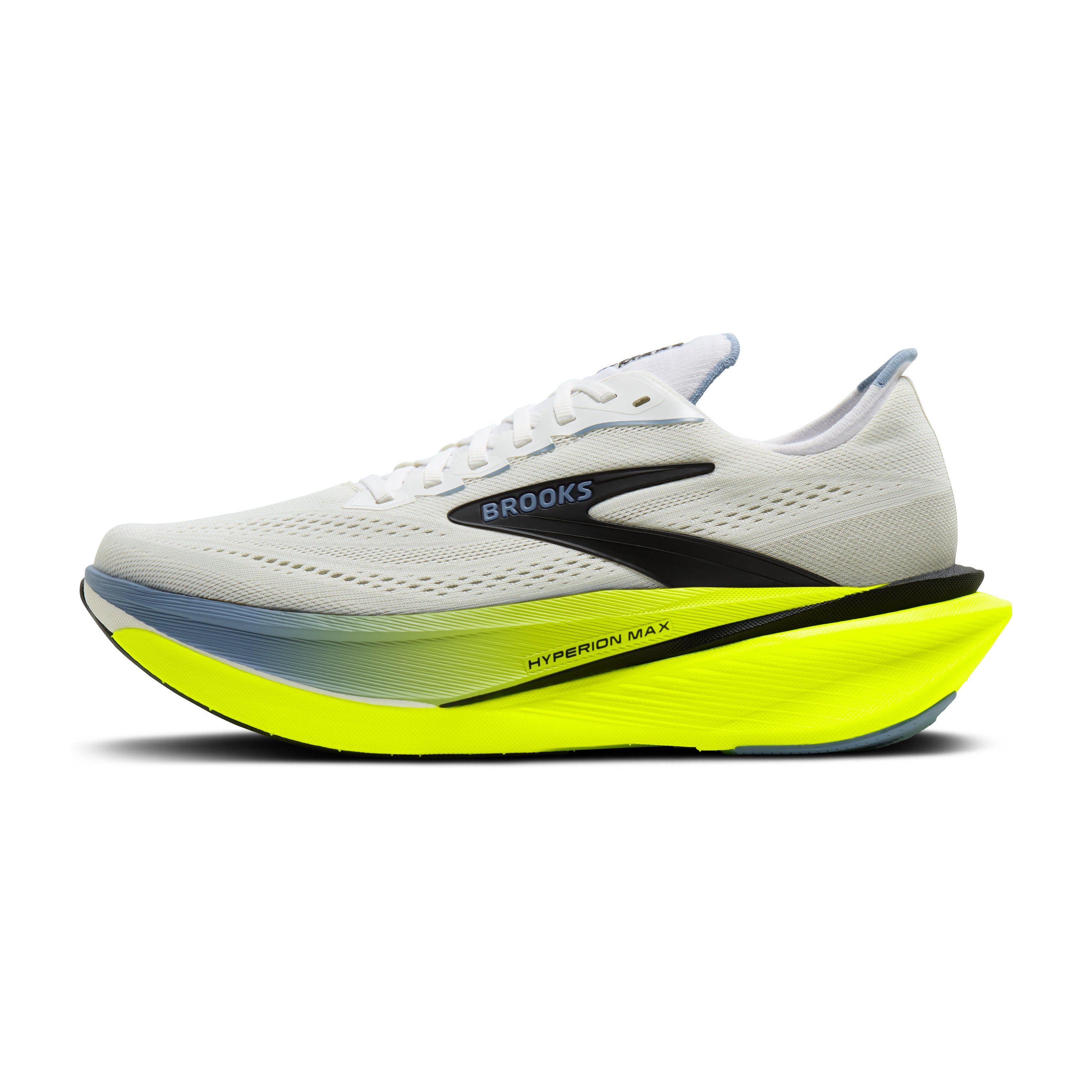 White running shoe with a yellow sole on a white background
