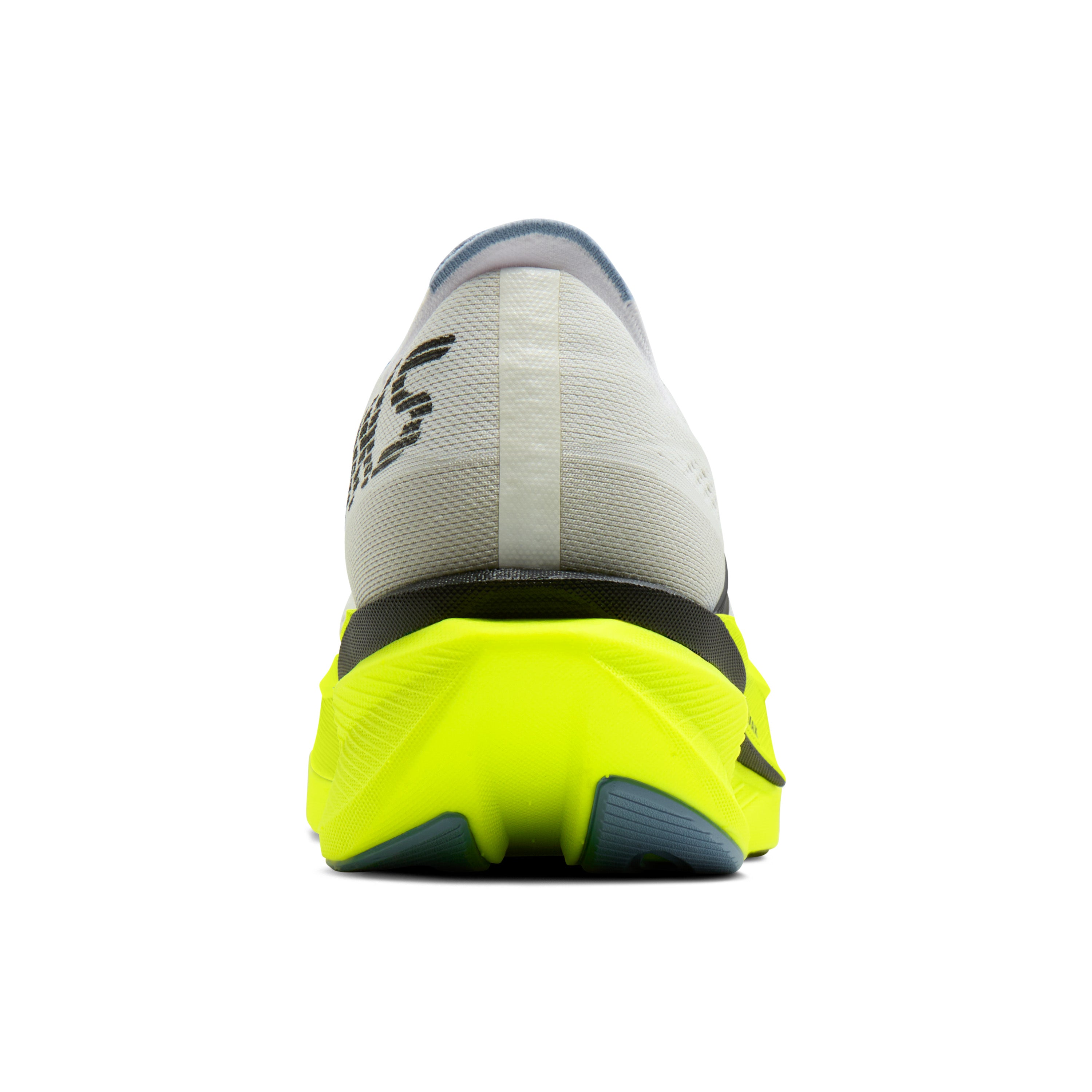 Back view of a running shoe with a white sole and black and blue accents on a white background