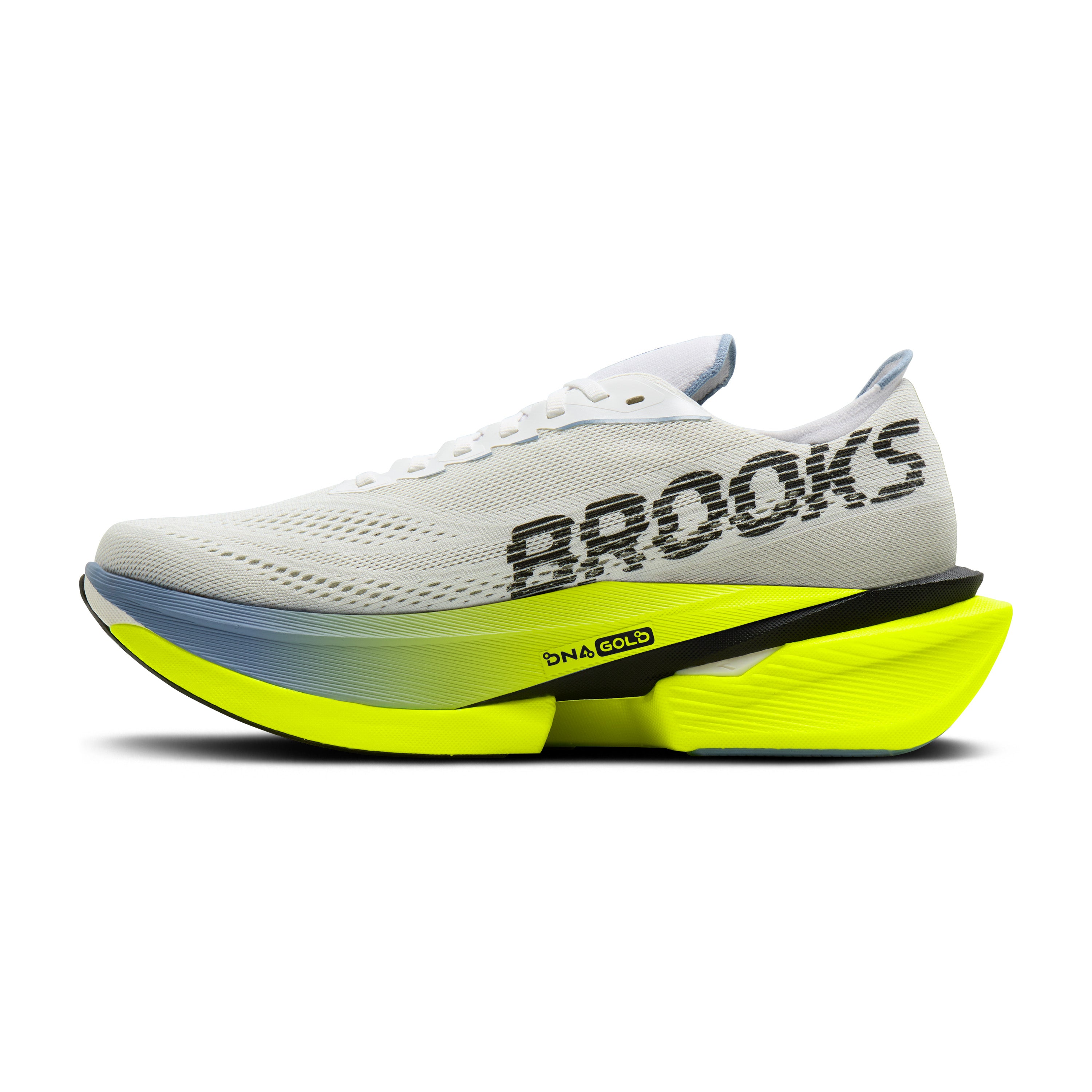 White running shoe with neon yellow sole on a white background