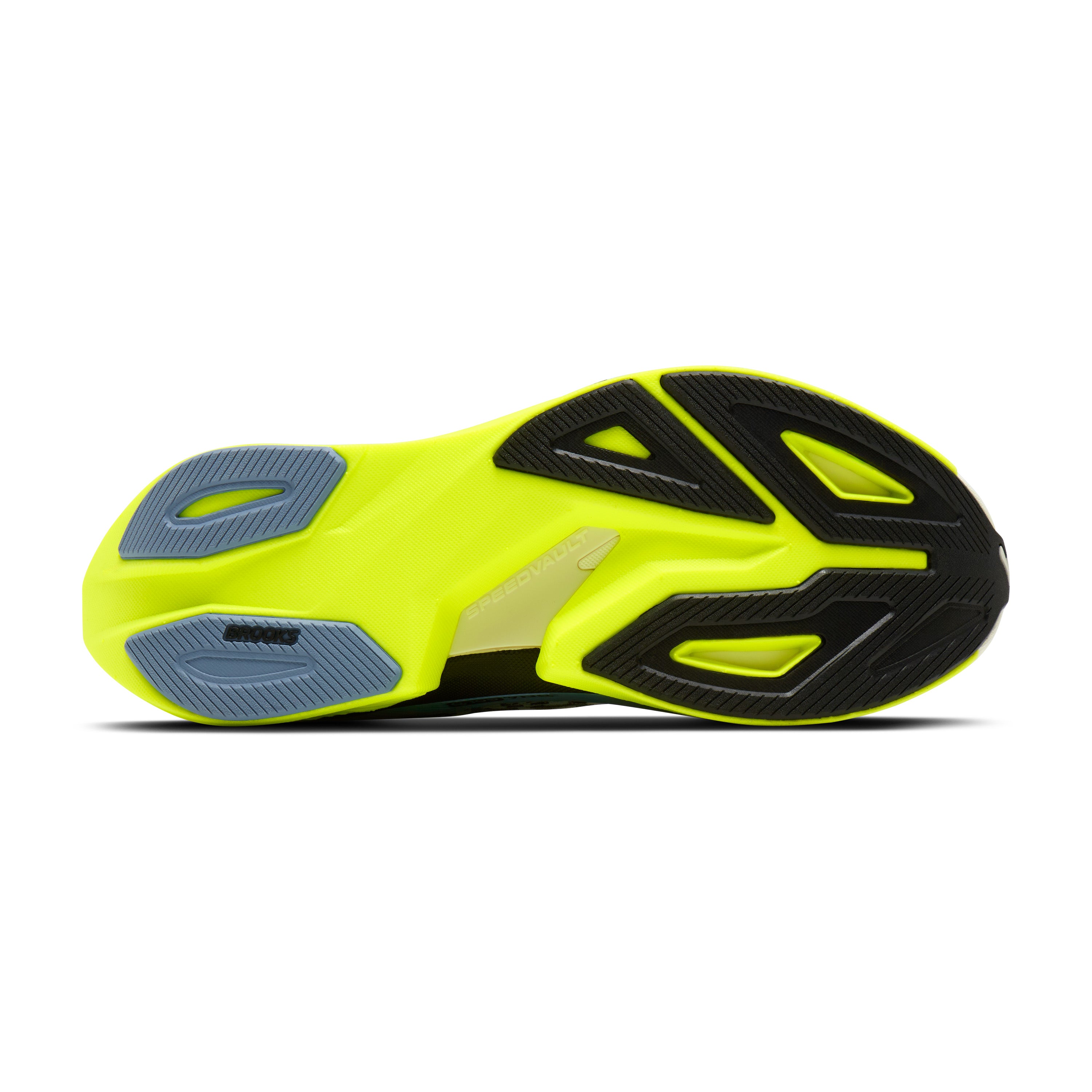 Neon green and black athletic shoe sole on a white background
