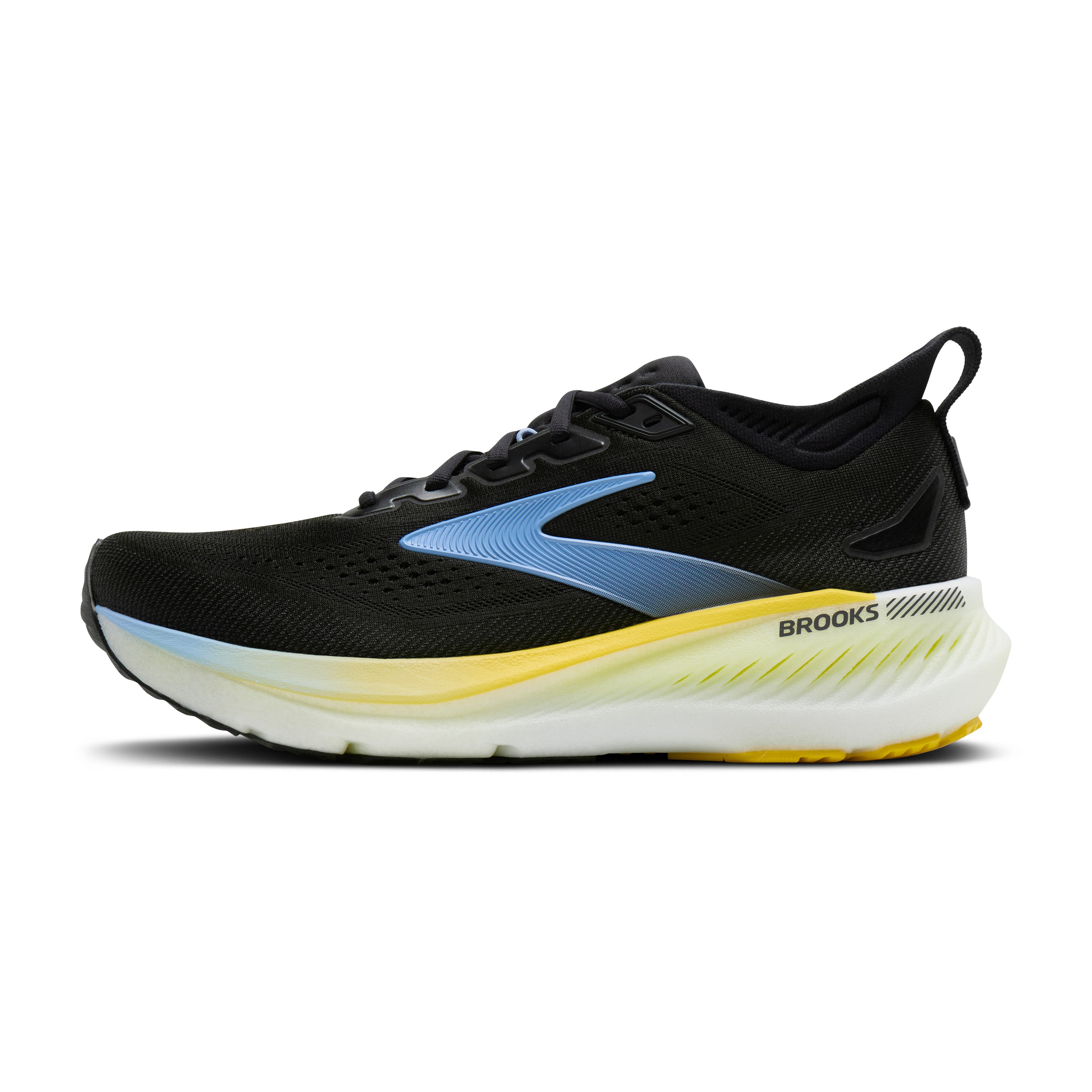 Black running shoe with blue accents and a yellow sole on a white background