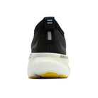 Black running shoe with white sole on a white background