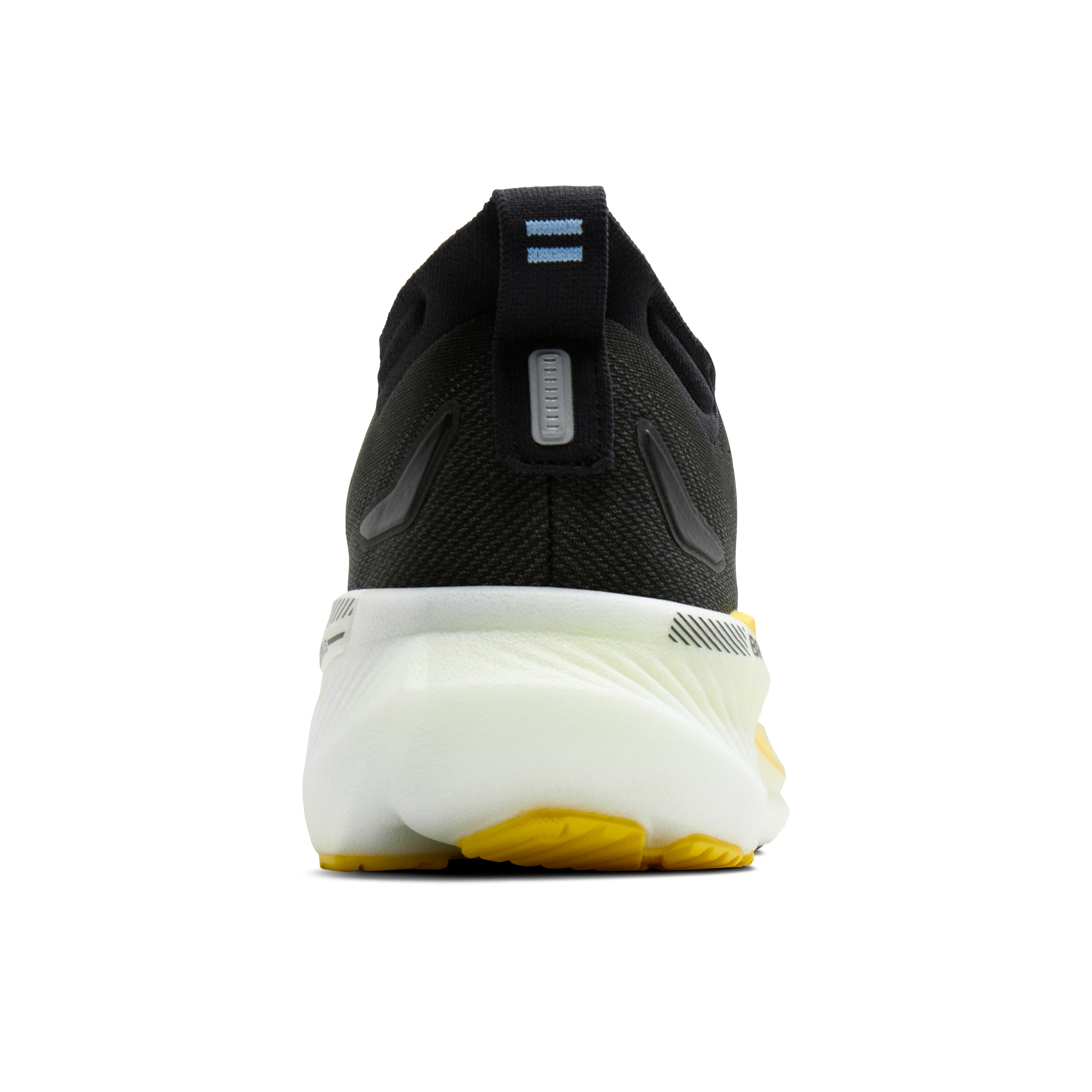 Black running shoe with white sole on a white background