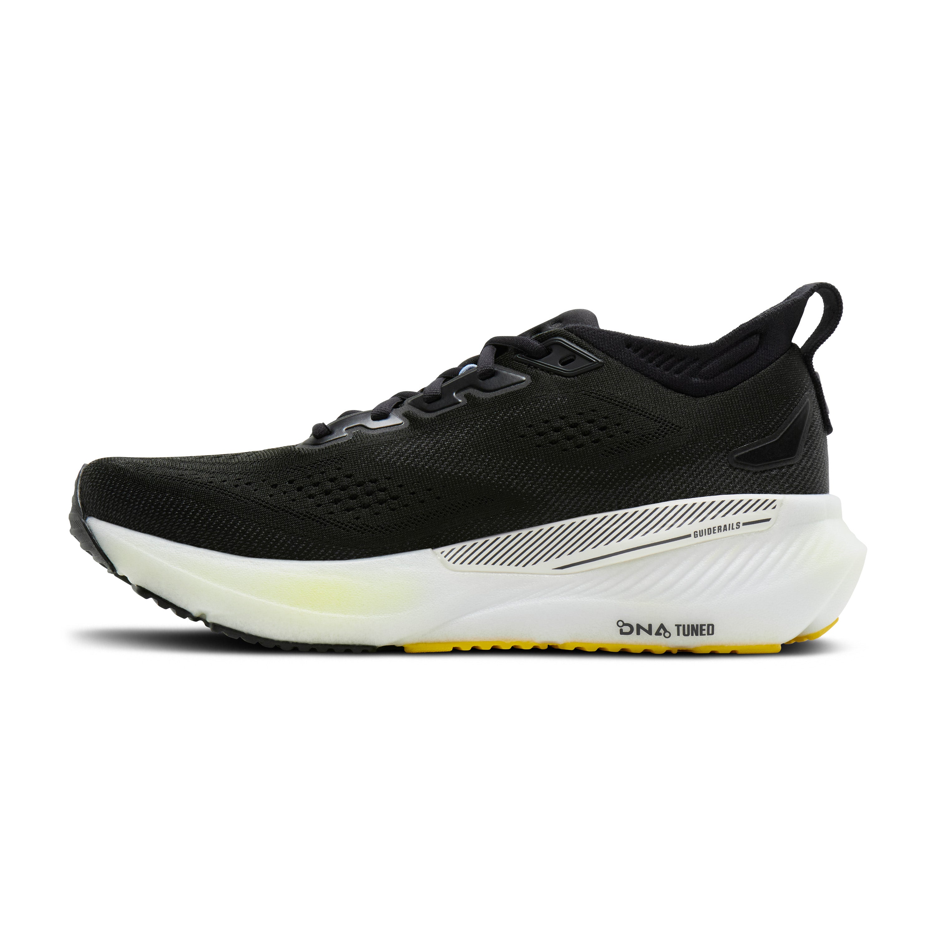 Black running shoe with white sole on a white background