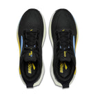 Black running shoes with yellow and blue accents on a white background