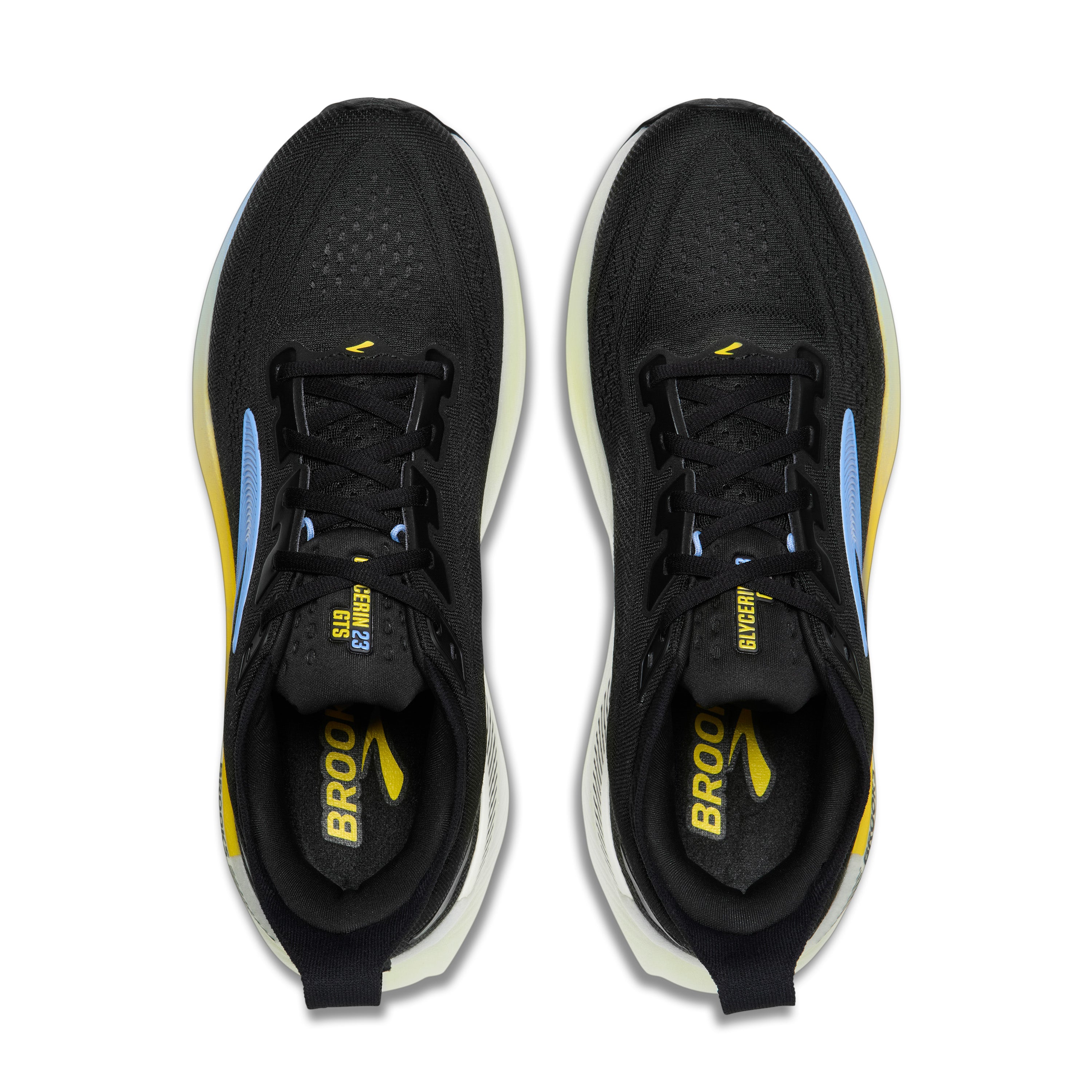 Black running shoes with yellow and blue accents on a white background