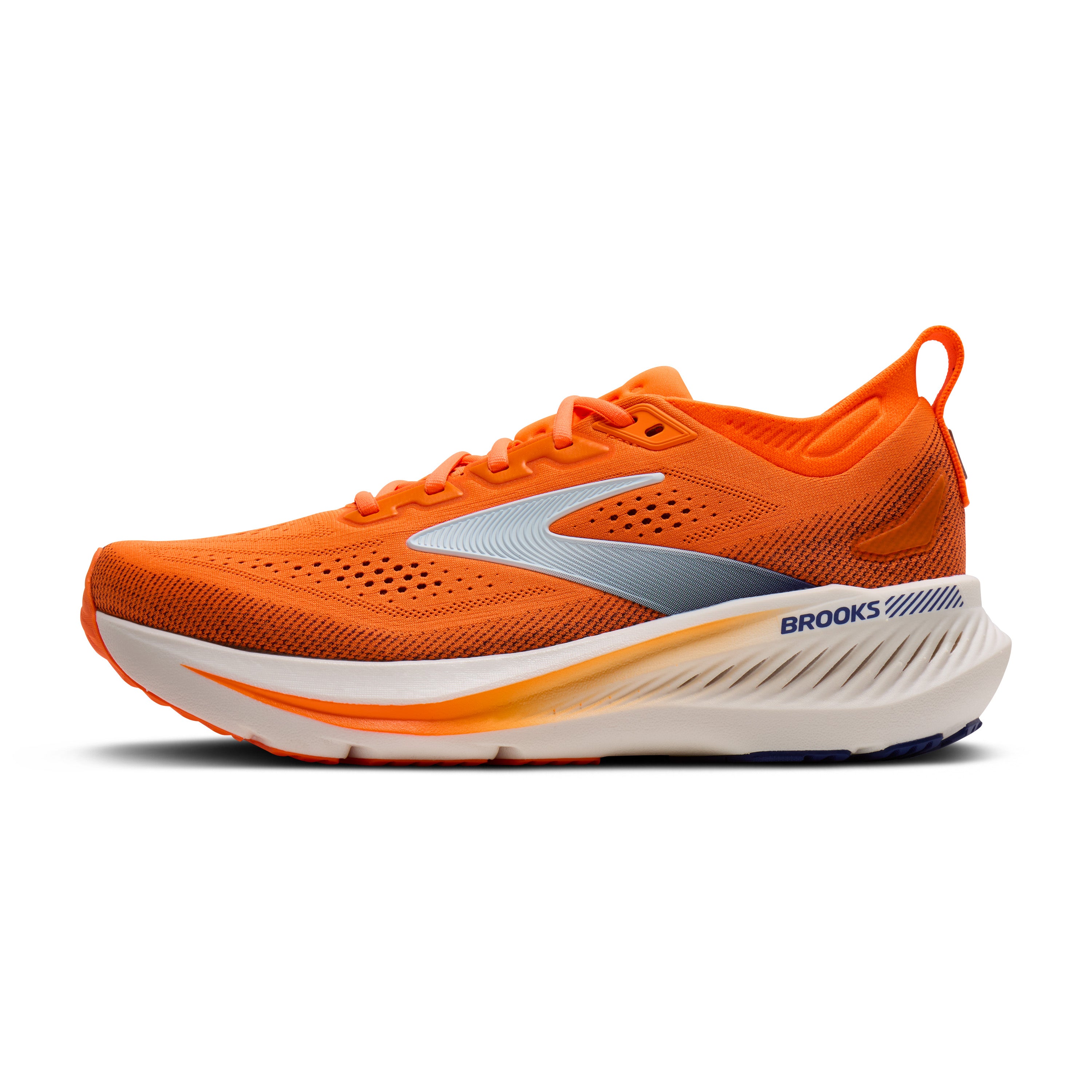 Orange running shoe with white sole on a white background