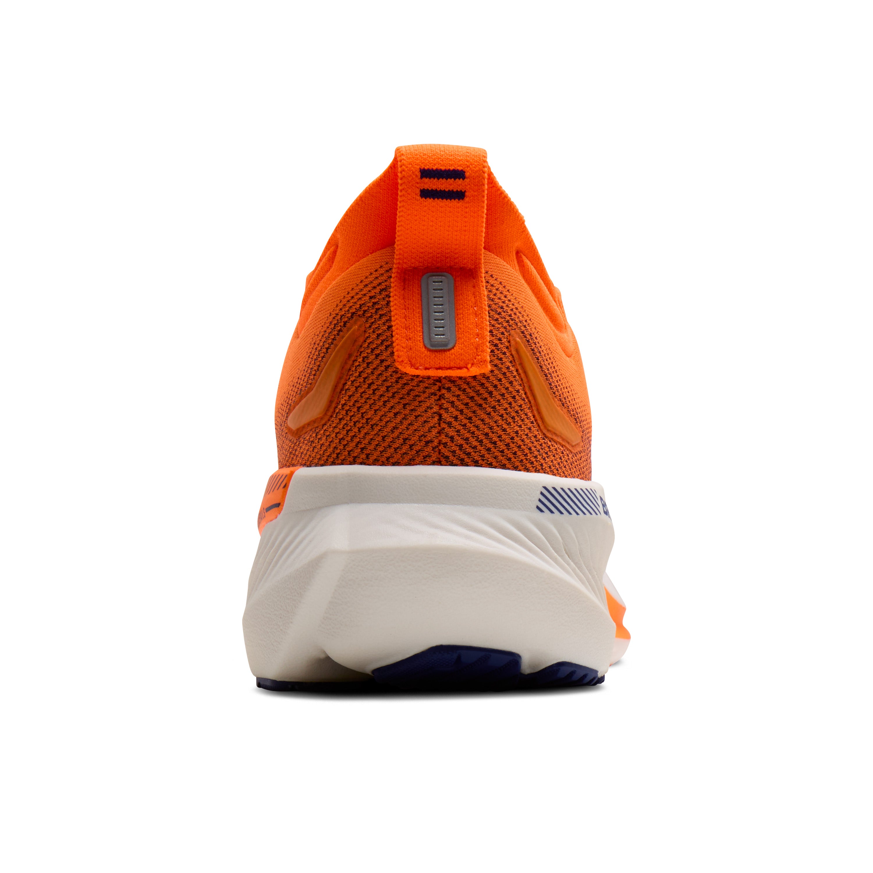 Orange running shoe with white sole on a white background
