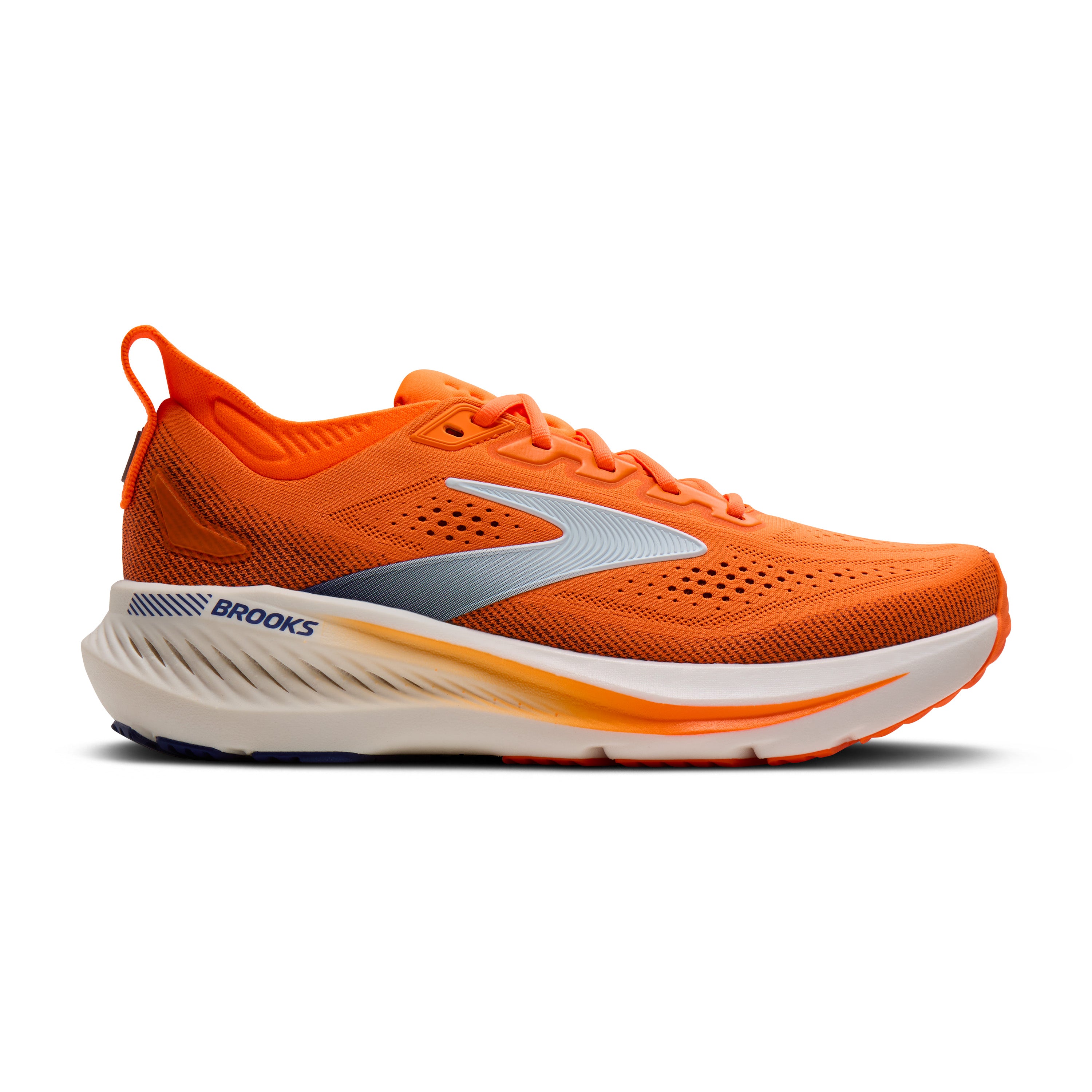 Orange running shoe with white sole on a white background
