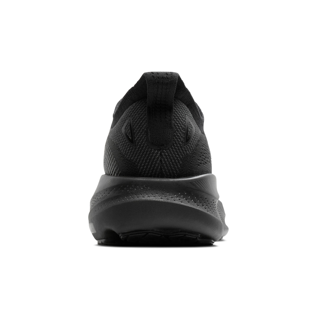 A black athletic sneaker shown from a rear three-quarter view against a solid white background.
