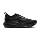 A black athletic sneaker shown from the side profile against a clean white background. The shoe features a textured knit upper, matching black laces, a padded collar, and a thick, cushioned black midsole.