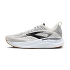 Brooks running shoe in white and gray with a black logo accent and a brown outsole, shown in a side profile on a white background.
