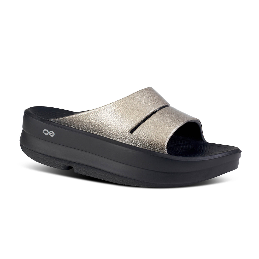 Women's OOfos OOmega OOahh Luxe Sandal Color: Latte 1