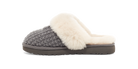 A single knit slip-on mule slipper in heather gray with a thick cream faux-fur collar and a dark brown sole, shown from the side on a white background.
