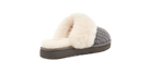 A single slip-on mule slipper shown from the side on a plain white background. The upper features a cream-colored fluffy faux-fur trim over a gray and black houndstooth knit pattern, with a dark brown platform sole.
