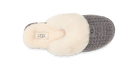 A single UGG slipper shown from a top-down view, featuring a gray textured knit body, a thick cream faux-fur collar, and a cream insole with a visible UGG logo patch.