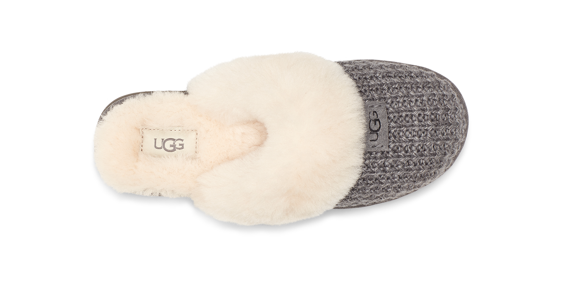 A single UGG slipper shown from a top-down view, featuring a gray textured knit body, a thick cream faux-fur collar, and a cream insole with a visible UGG logo patch.