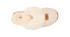 A single UGG slipper shown from a top-down view on a white background. The slipper features a cream-colored knit upper, a fluffy faux-shearling collar, and a tan UGG logo patch on the side.