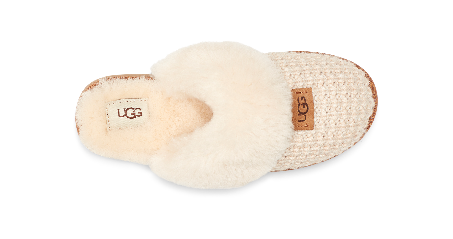 A single UGG slipper shown from a top-down view on a white background. The slipper features a cream-colored knit upper, a fluffy faux-shearling collar, and a tan UGG logo patch on the side.