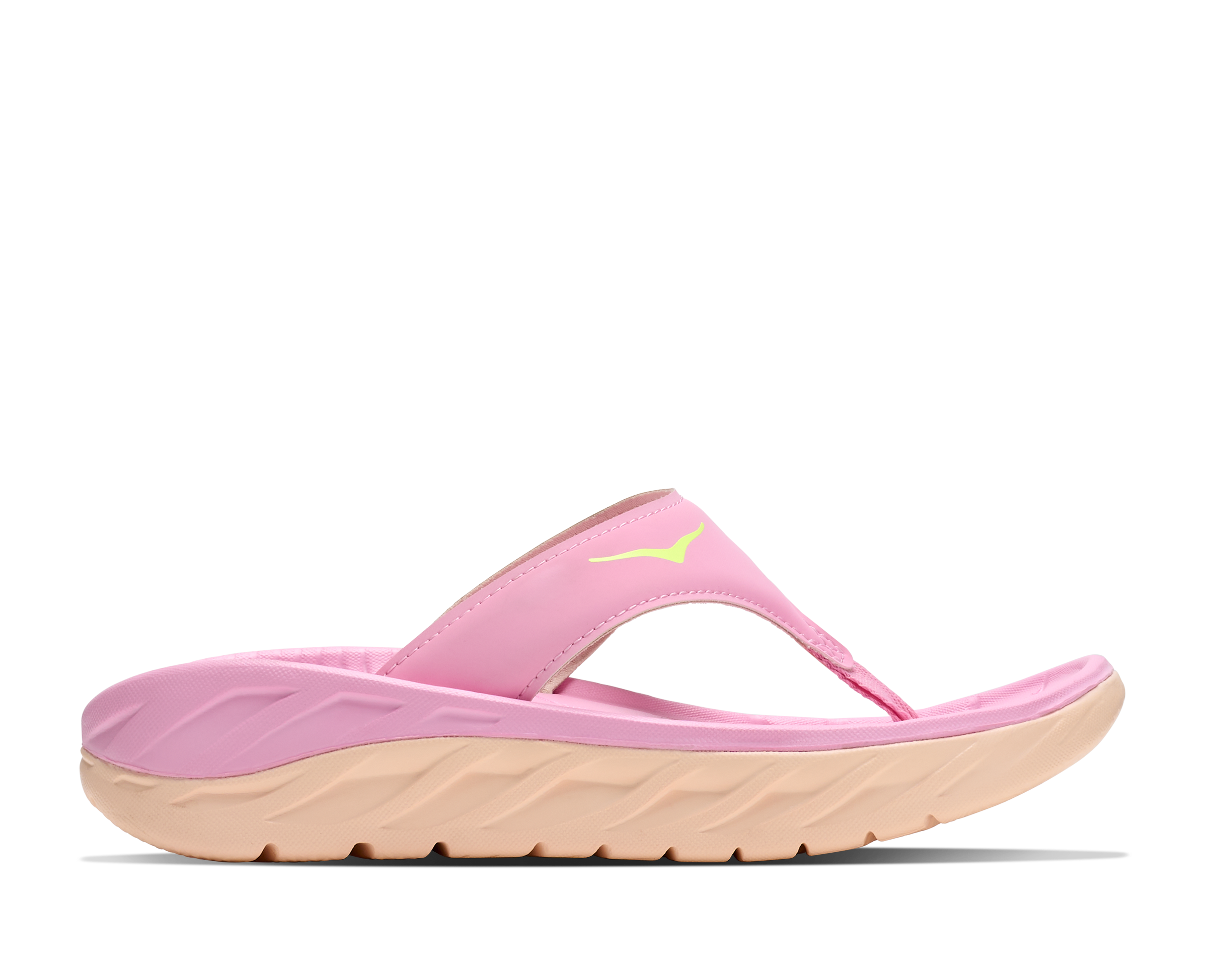 Pink sandal with a brand logo on a white background