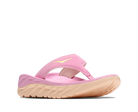 Pink sandal with a yellow logo on a white background